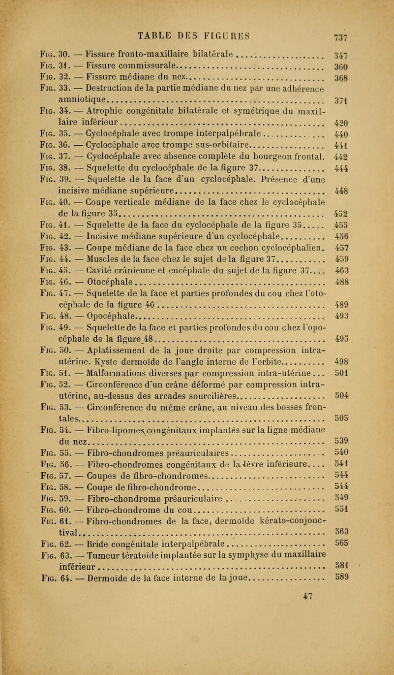 FiG. 30. — Fissure fronto-maxillaire bilatérale 347 FiG. 31. — Fissure commissurale 300 FiG. 32. — Fissure médiane du nez 308 FiG. 33. — Destruction de la partie médiane du nez par une adhérence amniotique 371 FiG. 34. — Atrophie congénitale bilatérale et symétrique du maxil- laire inférieur 420 FiG. 35. — Gyclocéphale avec trompe interpalpébrale 440 FiG. 36. — Gyclocéphale avec trompe sus-orbitaire. 441 FiG. 37. — Gyclocéphale avec absence complète du bourgeon frontal. 442 FiG. 38. — Squelette du cyclocéphale de la figure 37 444 FiG. 39. — Squelette de la face d'un cyclocéphale. Présence d'une incisive médiane supérieure 448 FiG. 40. — Goupe verticale médiane de la face chez le cyclocéphale de la figure 35 452 FiG. 41. — Squelette de la face du cyclocéphale de la figure 35 455 FiG. 42. — Incisive médiane supérieure d'un cyclocéphale 456 FiG. 43. — Goupe médiane de la face chez un cochon cyclocéphalien. 457 FiG. 44. — Muscles de la face chez le sujet de la figure 37 459 FiG. 45. — Cavité crânienne et encéphale du sujet de la figure 37 463 FiG. 46. — Otocéphale 488 FiG. 47. — Squelette de la face et parties profondes du cou chez l'oto- céphale de la figure 46 489 FiG. 48. — Opocéphale 493 FiG. 49. — Squelette de la face et parties profondes du cou chez Fopo- céphale de la figure 48 495 FiG. 50. — Aplatissement de la joue droite par compression intra- utérine. Kyste dermoïde de l'angle interne de l'orbite 498 FiG. 51. — Malformations diverses par compression intra-utérine ... 501 FiG. 52. — Girconférence d'un crâne déformé par compression intra- utérine, au-dessus des arcades sourcilières 504 FiG. 53. — Girconférence du même crâne, au niveau des bosses fron- tales. 505 FiG. 54. — Fibro-lipomestCongénitaux implantés sur la ligne médiane du nez 539 FiG. 55. — Fibro-chondromes préauriculaires 540 FiG. 56. — Fibro-chondromes congénitaux de la lèvre inférieure 541 FiG. 57. — Goupes de fibro-chondromes 544 FiG. 58. — Goupe de fibro-chondrome 544 FiG. 59. — P^bro-chondrome préauriculaire 549 FiG. 60. — Fibro-chondrome du cou 551 FiG. 61. —Fibro-chondromes de la face, dermoïde kérato-conjonc- tival 563 FiG. 62. — Bride congénitale interpalpébrale 565 FiG. 63. — Tumeur tératoïde implantée sur la symphyse du maxillaire inférieur 581 FiG. 64. — Dermoïde de la face interne de la joue 589 47