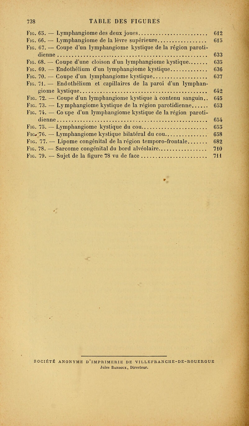 FiG. 63. — Lymphangiome des deux joues 612 FiG. 66. — Lymphangiome de la lèvre supérieure 615 FiG. 67. — Coupe d'un lymphangiome kystique de la région paroti- dienne 633 FiG. 68. — Coupe d'une cloison d'un lymphangiome kystique 633 FiG. 69. — Endothélium d'un lymphangiome kystique 636 FiG. 70. — Coupe d'un lymphangiome kystique 637 FiG. 71. — Endothélium et capillaires de la paroi d'un lymphan- giome kystique 642 FiG. 72. — Coupe d'un lymphangiome kystique à contenu sanguin.. 645 FiG. 73. — Lymphangiome kystique de la région parotidienne 653 FiG. 74. — Co upe d'un lymphangiome kystique de la région paroti- dienne 654 FiG. 73. — Lymphangiome kystique du cou 653 FiG* 76. — Lymphangiome kystique bilatéral du cou 658 FiG. 77. — Lipome congénital de la région temporo-frontale 682 FiG. 78. — Sarcome congénital du bord alvéolaire 710 FiG. 79. — Sujet de la figure 78 vu de face 711 SOCIÉTÉ ANONYME D'IMPRIMERIE DE VILLEFRAN CHE-DE-ROUERGUE Jules Bardoux, Directeur.