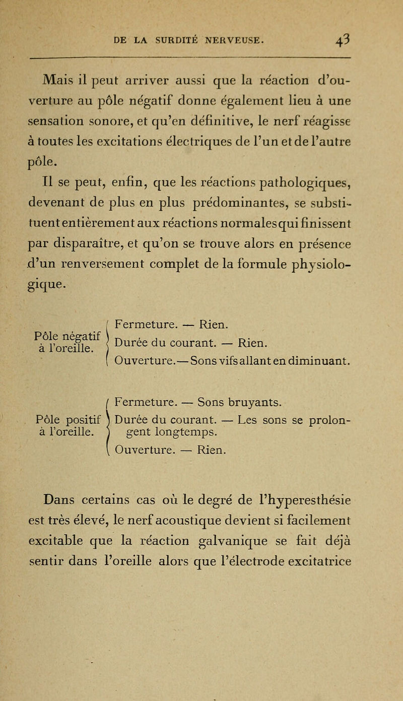 Mais il peut arriver aussi que la réaction d'ou- verture au pôle négatif donne également lieu à une sensation sonore, et qu'en définitive, le nerf réagisse à toutes les excitations électriques de l'un et de l'autre pôle. Il se peut, enfin, que les réactions pathologiques, devenant de plus en plus prédominantes, se substi- tuent entièrement aux réactions normalesqui finissent par disparaître, et qu'on se trouve alors en présence d'un renversement complet de la formule physiolo- gique. [ Fermeture. — Rien. à°l^ord?lV ) Durée du courant. — Rien. ( Ouverture.—Sons vifs allant en diminuant. ( Fermeture. — Sons bruyants. Pôle positif ) Durée du courant. — Les sons se prolon- à l'oreille. } gent longtemps. Ouverture. — Rien. Dans certains cas où le degré de l'hyperesthésie est très élevé, le nerf acoustique devient si facilement excitable que la réaction galvanique se fait déjà sentir dans l'oreille alors que l'électrode excitatrice