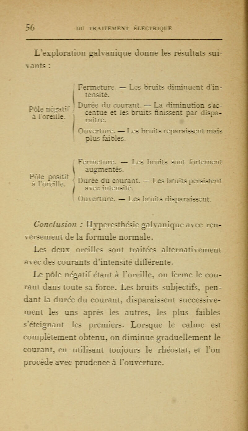 V Dr IRAIIEUENT ÉLECIRI I L exploration galvanique donne les résultats sui- vants : . a-meture — Les bruits eiminuent din- GensîtÉ Durée Jn courant —La -irninution s'ac- centue et les bruits ~r_i5=ent par dis:i- Pôle -z- a l'oreille. raître. Ouverture. — Les bruits reparaissent mais plus faibles 7rmetore, — les bruits sont fortement \ augmentés Pôle positif j «v. . , T ^ - _._-_. , '■ Duret an courant — _es bruits persistent a~e; intensité Ouverture. — Les bruits disparaissent. Conclusion : Hyperesthésie galvanique avec ren- versement de la formule normale. Les deux oreilles sont traitées alternativement avec des courants d'intensité différente. Le pôle négatif étant à l'oreille, on ferme le cou- rant dans toute sa force. Les bruits subjectifs, pen- dant la durée du courant, disparaissent successive- ment les uns après les autres, les plus faibles s'éteignant les premiers. Lorsque le calme est complètement obtenu, on diminue graduellement le courant, en utilisant toujours le rhéostat, et Ton procède avec prudence à l'ouverture.