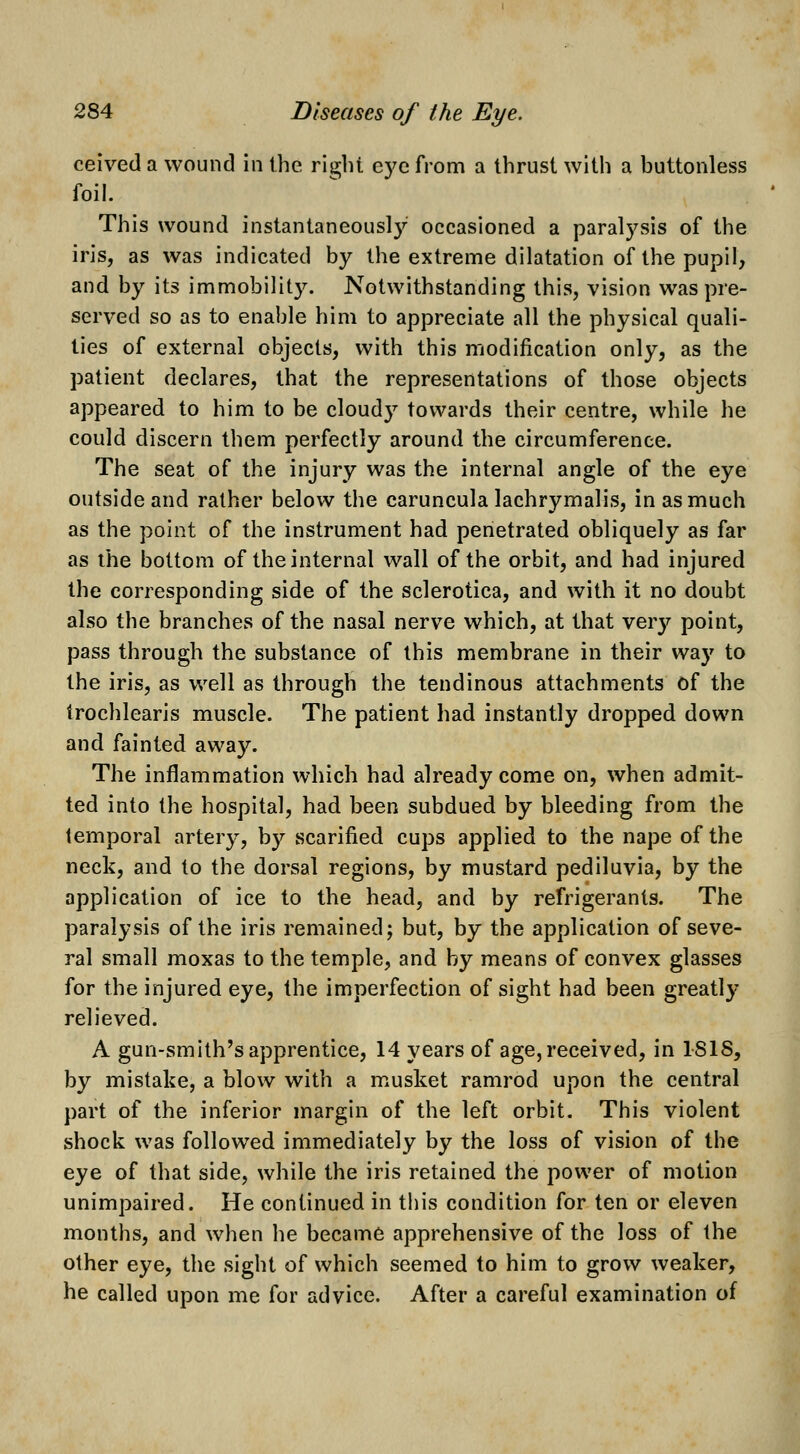 ceived a wound in the Y\<^n eye from a thrust with a buttonless foil. This wound instantaneously occasioned a paralysis of the iris, as was indicated by the extreme dilatation of the pupil, and by its immobility. Notwithstanding this, vision was pre- served so as to enable him to appreciate all the physical quali- ties of external objects, with this modification only, as the patient declares, that the representations of those objects appeared to him to be cloud}^ towards their centre, while he could discern them perfectly around the circumference. The seat of the injury was the internal angle of the eye outside and rather below the earuncula lachrymalis, in as much as the point of the instrument had penetrated obliquely as far as the bottom of the internal wall of the orbit, and had injured the corresponding side of the sclerotica, and with it no doubt also the branches of the nasal nerve which, at that very point, pass through the substance of this membrane in their way to the iris, as well as through the tendinous attachments of the trochlearis muscle. The patient had instantly dropped down and fainted away. The inflammation which had already come on, when admit- ted into the hospital, had been subdued by bleeding from the temporal artery, by vScarified cups applied to the nape of the neck, and to the dorsal regions, by mustard pediluvia, by the application of ice to the head, and by refrigerants. The paralysis of the iris remained; but, by the application of seve- ral small moxas to the temple, and by means of convex glasses for the injured eye, the imperfection of sight had been greatly relieved. A gun-smith's apprentice, 14 years of age, received, in ISIS, by mistake, a blow with a musket ramrod upon the central part of the inferior margin of the left orbit. This violent shock was followed immediately by the loss of vision of the eye of that side, while the iris retained the power of motion unimpaired. He continued in this condition for ten or eleven months, and when he became apprehensive of the loss of the other eye, the sight of which seemed to him to grow weaker, he called upon me for advice. After a careful examination of