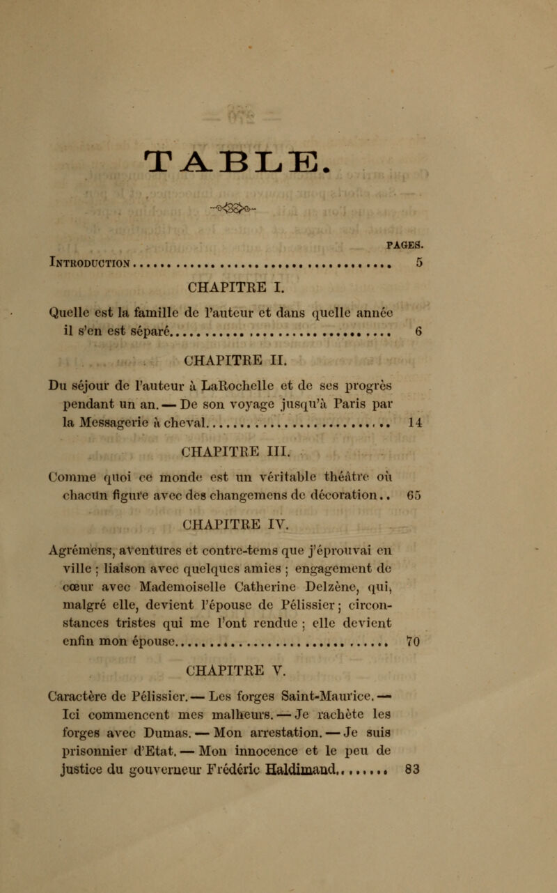 TABLE. PAGES. Introduction 5 CHAPITRE I. Quelle est la famille de l'auteur et dans quelle année il s'en est séparé G CHAPITRE II. Du séjour de l'auteur à LaRochelle et de ses progrès pendant un an. — De son voyage jusqu'à Paris par la Messagerie à cheval 14 CHAPITRE III. Comme quoi ce monde est un véritable théâtre où chacun figure avec des changemens de décoration.. 65 CHAPITRE IV. Agrémens, aventures et contre-tems que j'éprouvai en ville ; liaison avec quelques amies ; engagement de cœur avec Mademoiselle Catherine Delzène, qui^ malgré elle, devient l'épouse de Pélissier; circon- stances tristes qui me l'ont rendue ; elle devient enfin mon épouse. 70 CHAPITRE V. Caractère de Pélissier.— Les forges Saint-Maurice.— Ici commencent mes malheurs.— Je rachète les forges avec Dumas. — Mon arrestation. — Je suis prisonnier d'Etat. — Mon innocence et le peu de justice du gouverneur Frédéric Haldimand,....... 83