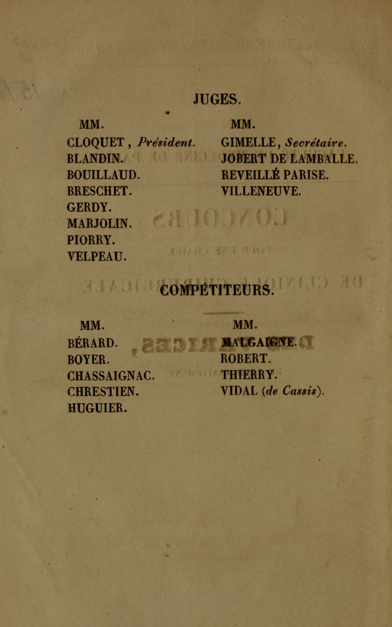 JUGES. MM. CLOQUET, Président. BLANDIN. BOUILLAUD. BRESCHET. GERDY. MARJOLIN. PIORRY. VELPEAU. MM. GIMELLE, Secrétaire. JOBERT DE LAMBALLE. REVEILLÉ PARISE. VILLENEUVE. COMPÉTITEURS. MM. BÉRARD. BOYER. CHASSAIGNAC. CHRESTIEN. HUGUIER. MM. MALGAtGNE. ROBERT. THIERRY. VIDAL {de Cassis).