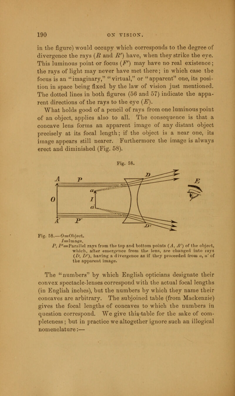 in the figure) would occupy which corresponds to the degree of divergence the rays (E and Rf) have, when they strike the eye. This luminous point or focus (Fr) may have no real existence; the rays of light may never have met there; in which case the focus is an imaginary, virtual, or apparent one, its posi- tion in space being fixed by the law of vision just mentioned. The dotted lines in both figures (56 and 57) indicate the appa- rent directions of the rays to the eye {E). What holds good of a pencil of rays from one luminous point of an object, applies also to all. The consequence is that a concave lens forms an apparent image of any distant object precisely at its focal length; if the object is a near one, its image appears still nearer. Furthermore the image is always erect and diminished (Fig. 58). Fig. 58. Fig. 58.—0=Object. /=r Image, P, P/=Parallel rays from the top and bottom points (A, A') of the object, which, after emergence from the lens, are changed into rays (Z>, D'), having a divergence as if they proceeded from a, a' of the apparent image. The numbers by which English opticians designate their convex spectacle-lenses correspond with the actual focal lengths (in English inches), but the numbers by which they name their concaves are arbitrary. The subjoined table (from Mackenzie) gives the focal lengths of concaves to which the numbers in question correspond. We give this, table for the sake of com- pleteness ; but in practice we altogether ignore such an illogical nomenclature:—