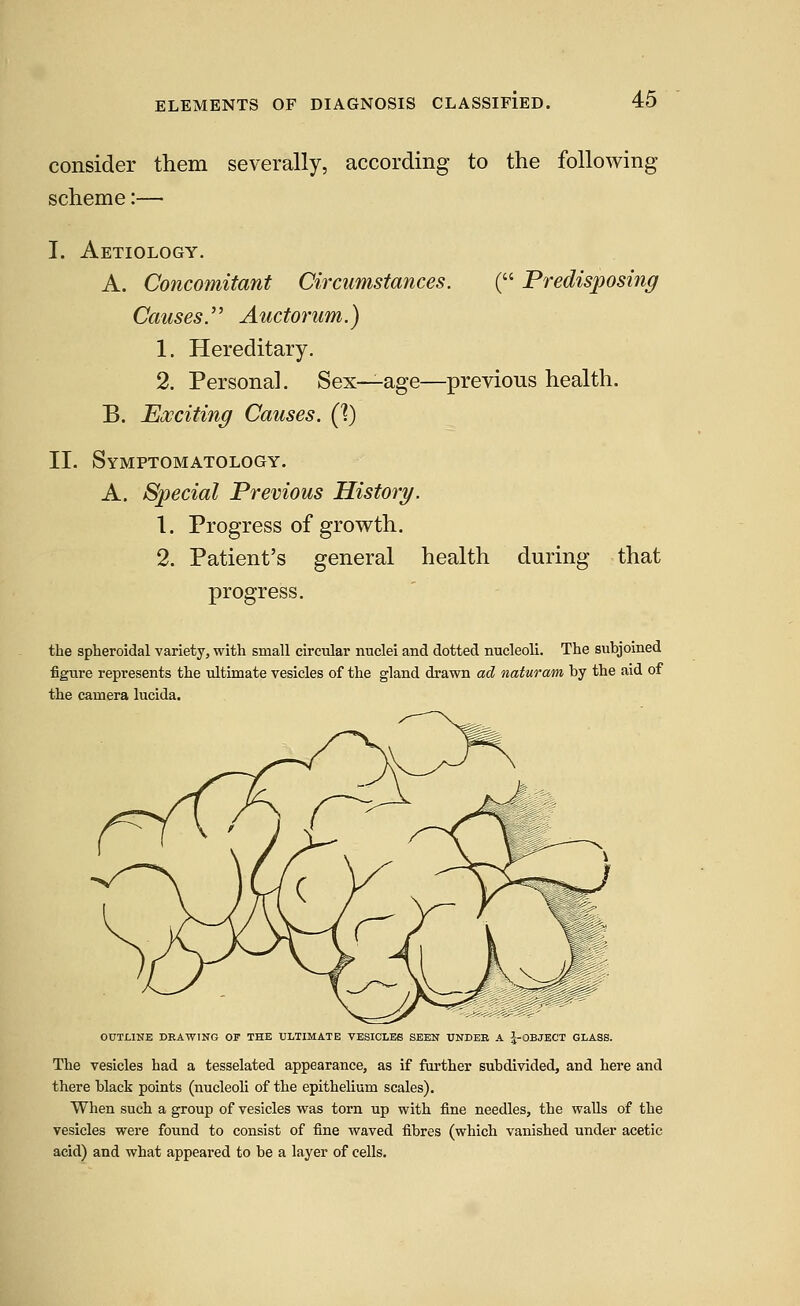 ELEMENTS OF DIAGNOSIS CLASSIFIED. consider them severally, according to the following scheme:— ( Predisposing I. Aetiology. A. Concomitant Circumstances. Causes.'' Auctorum.) 1. Hereditary. 2. Personal. Sex—age—previous health. B. Exciting Causes. (V) II. Symptomatology. A. Special Previous History. 1. Progress of growth. 2. Patient's general health during that progress. the spheroidal variety, with small circular nuclei and dotted nucleoli. The subjoined figure represents the ultimate vesicles of the gland drawn ad naturam by the aid of the camera lucida. OUTLINE DRAWING OF THE ULTIMATE VESICLES SEEN UNDEB A J-OBJECT GLASS. The vesicles had a tesselated appearance, as if further subdivided, and here and there black points (nucleoli of the epithelium scales). When such a group of vesicles was torn up with fine needles, the walls of the vesicles were found to consist of fine waved fibres (which vanished under acetic acid) and what appeared to be a layer of cells.