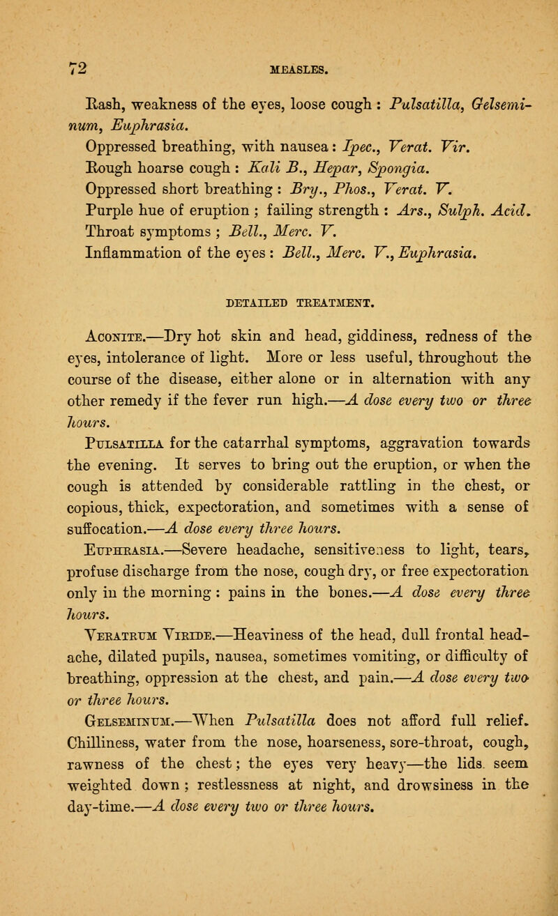 Basil, weakness of the eyes, loose cough : Pulsatilla, Gelsemi- num, Euphrasia. Oppressed breathing, with nausea: Tpec, Verat. Vir. Hough hoarse cough : Kali B., Hepar, Sjpongia. Oppressed short breathing : Bry., PJios., Verat. V. Purple hue of eruption ; failing strength : Ars., Sulph. Acid, Throat symptoms ; Bell., Merc. V. Inflammation of the eyes : Bell., Here. V., Euphrasia. DETAILED TEEATMENT. Aconite.—Dry hot skin and head, giddiness, redness of the eyes, intolerance of light. More or less useful, throughout the course of the disease, either alone or in alternation with any other remedy if the fever run high.—A close every two or three hours. PrLSATiLLA for the catarrhal symptoms, aggravation towards the evening. It serves to bring out the eruption, or when the cough is attended by considerable rattling in the chest, or copious, thick, expectoration, and sometimes with a sense of suffocation.—A dose every three hours. EmpHRASiA.—Severe headache, sensitiveness to light, tears, profuse discharge from the nose, cough dry, or free expectoration only in the morning : pains in the bones.—A dose every three hours. YERATRrM Yieide.—Hcavincss of the head, dull frontal head- ache, dilated pupils, nausea, sometimes vomiting, or difficulty of breathing, oppression at the chest, and pain.—A dose every two or three hours. Gelsemtnum.—When Pulsatilla does not afford full relief. Chilliness, water from the nose, hoarseness, sore-throat, cough, rawness of the chest; the eyes very heav}'—the lids, seem weighted down : restlessness at night, and drowsiness in the day-time.—A dose every two or three hours.