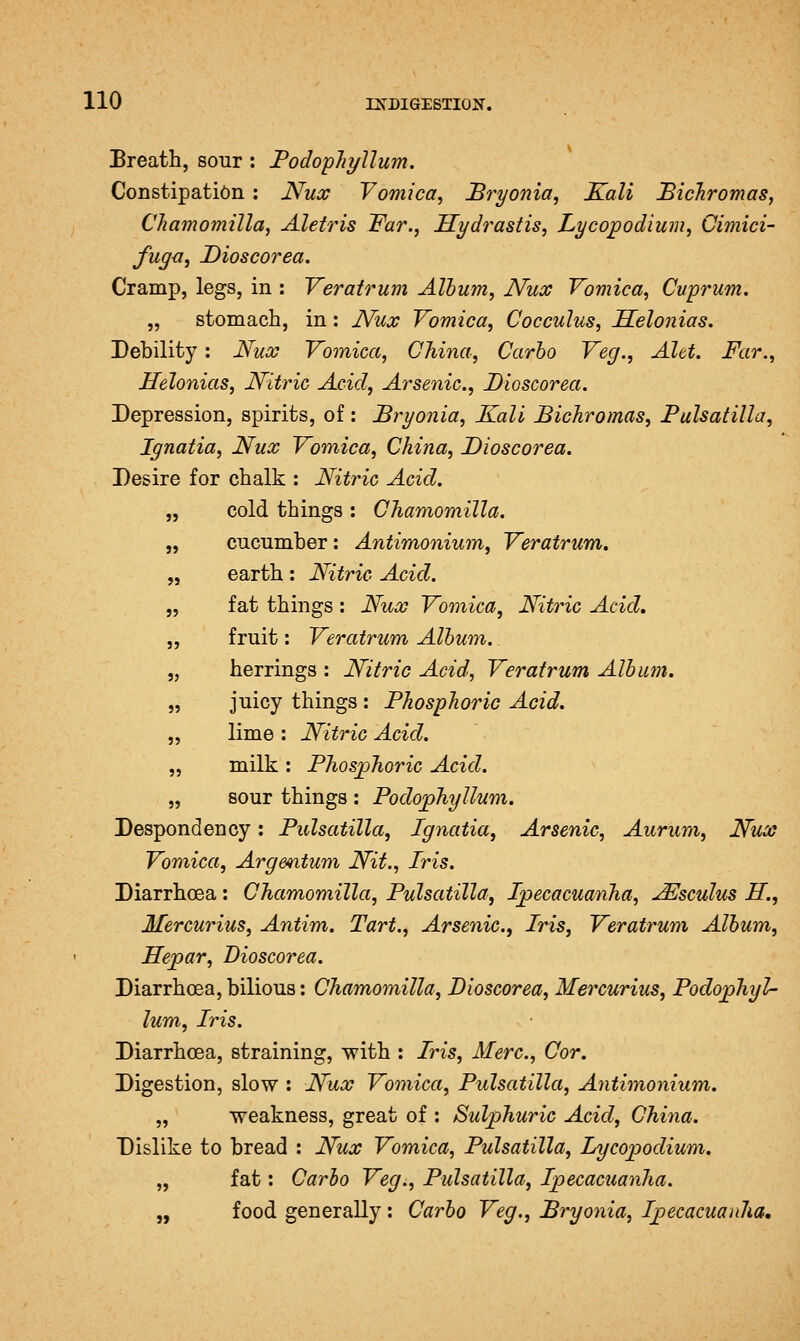 Breath, sour : Fodophyllum. Constipation: Nux Vomica, Bryonia, Kali BicJiromas, Chamomilla, Aletris Far., Hydrastis, Lycojpodium, Cimici- fugu, Dioscorea. Cramp, legs, in : Verafrum Album, Nux Vomica, Cuprum. „ stomach, in: Nux Vomica, Cocculus, Helonias. Debility: Nux Vomica, China, Carbo Veg., Alet. Far., Helonias, Nitric Acid, Arsenic, Dioscorea. Depression, spirits, of: Bi^yonia, Kali BicJiromas, Pulsatilla, Ignatia, Nux Vomica, China, Dioscorea. Desire for chalk : Nitric Acid. cold things : Chamomilla. cucumber: Antimonium, Veratrum. earth: Nitric Acid. fat things : Nux Vomica, Nitric Acid. fruit: Veratrum Album. herrings : Nitric Acid, Veratrum, Album. juicy things : Phosphoric Acid. lime : Nitric Acid. milk : Phosjphoric Acid. sour things: Podophyllum. Despondency: Pulsatilla, Ignatia, Arsenic, Aurum, Nux Vomica, Arg&ntum Nit., Iris. Diarrhoea: Chamomilla, Pulsatilla, Ipecacuanha, ^sculus H., Mercurius, Antim. Tart., Arsenic, Iris, Veratrum Album, Bepar, Dioscorea. Diarrhoea, bilious: Chamomilla, Dioscorea, Mercurius, Podophyl- lum, Iris. Diarrhoea, straining, with : Iris, Merc, Cor. Digestion, slow : Nux Vomica, Pulsatilla, Antimonium. „ weakness, great of : Sulphuric Acid, China. Dislike to bread : Nux Vomica, Pulsatilla, Lycopodium. „ fat: Carho Veg., Pulsatilla, Ipecacuanha. „ food generally: Carbo Veg., Bryonia, Ipecacuanha,