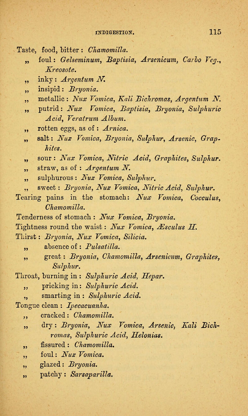 Taste, food, bitter : CJiamomilla. „ foul: Geheminum, Baptisia^ Arsenicum, Carlo Vet/., Kreosote. inky: Argentum N, insipid: Bryonia. metallic : Nux Vomica, Kali Bich'omas, Argentum N. putrid: Nux Vomica, BapHsia, Bryonia, Sulphuric Acid, Veratrum Album. rotten eggs, as of : Arnica. salt: Nux Vomica, Bryonia, Sulphur, Arsenic, Grap^ hites. sour: Nux Vomica, Nitric Acid, Graphites, Sulphur. straw, as of : Argentum N. sulphurous : iVtt,r Vomica, Sulphur, sweet: Bryonia, Nux Vomica, Nitric Acid, Sulphur. Tearing pains in tiie stomacli: Nux Vomica, Cocculus, Chamomilla. Tenderness of stomach : Nux Vomica, Bryonia. Tightness round the waist: Nux Vomica, Msculus H. Thirst: Bryonia, Nux Vomica, Silicia. „ absence of : Pulsatilla. „ great: Bryonia, Chamomilla, Arsenicum, GraphiteSf Sulphur. Throat, burning in : Sulphuric Acid, Hepar. ,, pricking in: Sulphuric Acid. „ smarting in : Sulphuric Acid. Tongue clean : Ipecacuanha. „ cracked: Chamomilla. „ dry: Bryonia, Nux Vomica, Arsenic, Kali Bich' romas. Sulphuric Acid, Selonias. „ fissured : Chamomilla, „ foul: Nux Vomica, „ glazed: Bryonia. „ patchy: Sarsaparilla.