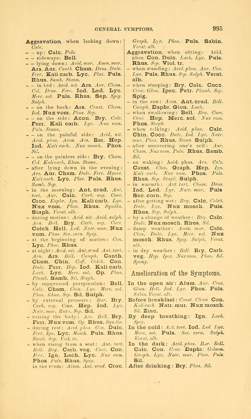 Aggravation when looking down: Calc. - - up: Calc. Pills. - — sideways: Bell. - — lying down: Acid. mur. Amm.mvr. Ars. Aur. Canth. Cham. Bros. Dulc. Ferr. Kali carb. Lye. Plat. Puis. Rhus. Samb. Stann. in bed : Acid. nit. Ars. Anr. Cham. Col. Bros. Ferr. lod. Led. Lye. Merc. sol. Puis. Rhus. Sep. Spig. Sulph. on the back: Ars. Caiist. Cham. lod. Nus vom. Phos. Sejy. on the side: Aeon. Bry. Calc. Ferr. Kali carb. Pt/c. JS'ux vom. Puis. Stann. on the painful side: Acid. nit. Acid. phos. Aeon. Ars. Bar. Hep. lod. Kali carb. Nux mosch. Phos. Sil. on the painless side: Bry. Cham. Col. Kali carb. Rhus. Stann. - after lying down in the evening: Ars. Aur. Cham. Dulc. Ferr. Ilyosc. Kali carb. Lyc. Plat. Puis. Rhus. Samb. Sep. - in the morning: Ant. crud. Ant. tnrt. Aur. Calc. Carb. veg. Cocc. Croc. Eiiplir. Ign. Kali carb. Lyc. NuK vom. Phos. Rhus. Squilla. Staph. Verat. alb. - during motion: Acid. nit. Acid, sidph. Am. Bell. Bry. Carb. veg. Cocc. Colch Hell. Led. Natr. mur. Nux vom. Phos. Sec. corn. Spig. - at tlie bL'gintiing of' motion: Con. Lyc. Phos. Rhus. - at night: Acid. nit. Ant. crud. Ant. tart. Am. Ars. Bell. Cawph. Canth. Cham. Chin. Cof. Colch. Con. Bale. Ferr. I/ep. lod. Kali carb. Lach. Lyc. JlJerc. sol. Op. Phos. Plumb. Samb. Sil. Staph. - by suppressed perspiration: Bell. Cale. Cham. Cirin. ],gc. Merc. sol. Phos. lUius. Sep. Sil. Sulph. - by external pressure : /Jar. Bry. Carb. veg. Cina. Hep. lod. Jjyc. A'atr. mur. Rut'i. Sep. Sil. -raising tlie body: Ars. Bell. Bry. Ferr. Nuxvom. Op Waws. SquUa. - during rest: Aci<l. phos. C'ni. Dulc. Ferr. Igu. Lyc. Mosch. Puis. Rhus. Samb. Sep. Viol. tr. - wlien rising from a seat: Ant. tart. Bell. Bry. Carb. veg. Cocc. Con. Firr. Ign. Lach. Lyc. Nuz vom. Phos Buls. Rhus. Spig. in tiio rf-om: Alum. Ant. crud. Croc. Graph. Lie. Phos. Puis. Sabin. Verat. alb. Aggravation, when sitting: Acid. plios. Con. Dulc. Lach. Lyc. Puis. Rhus. Sep. Viol. tr. - when standing: Acid.phos. Aur. Con. lyyc. Puis. Rhus. Sep. Sulph. Verat. alb. - wlien stooping: Bry. Calc. Cocs. Croc. Glon. Ipec. Petr. Plumb. Sep. Spig. - in the sun: Aeon. Ant. crud. Bell. Camph. Euphr. Glon. Lach. - when swallowing: Bell. Bry. Cocc. Croc. Hep. Merc. sol. A^uz vom. Phos. Staph. - when talking: Acid. phos. Calc. Chin. Cocc. Dulc. lod. Lyc. Natr. mur. Phos. Rhus. Stann. Sulph. - after uncovering one's self: Aur. Cham. Nuz vom. Pals. Rhus. Samb. Sil. - on waking: Acid. phos. Ars. Calc. Caust. Chin. Graph. Hep. Ign. Kali carb. Nux vom. Phos. Puis. Rhus. Sep. Staph. Sulph. - in warmth : Ant. tart. Cham. Dros. lod. Led. Lyc. Natr. mur. Puis Sec. corn. Sep. - after getting wet: Bry. Calc. Colch. Dulc. Lyc. Nux mosch. Puis. Rhus. Sep. Sulph. - by a change of weather: Bry. Calc. Dulc. Nux mosch. Rhus. Sil. - damp weather: Aiiim. mur. Calc. Chin. Dulc. Lyc. Merc. sol. Nux mosch. Rhus. Spig. Sulph. Verat. alb. - in dry weather : Bell. Bry. Carb. veg. Hep. Jpcc. Nuz vom. Phos. Sil. Spong. Amelioration of tlie Symptoms. In the open air: Alum. Aur. Croc. Gton. Bell. lod. Lyc. Phos; Puis. Sabin. Verat. aUi. Before breakfast: Caust. Cham. Con. Kali carb. Natr. mur. Nux mosch. Sil. Zinc. By deep breathing: Ign. Lach. Spig. In the cold: A,-J. tart. lod. Led. Lye. Merc. sol. Puis. Sec. corn. Sulfh. Verat. alb. In the dark: Acid.phos. Bar. Bell. Calc. Con. Cioc. Buphr. Gelsem. Graph. Lyc. Natr. mur. Phos. Puis. Sil. After drinking : Bry. Phos. Sil.