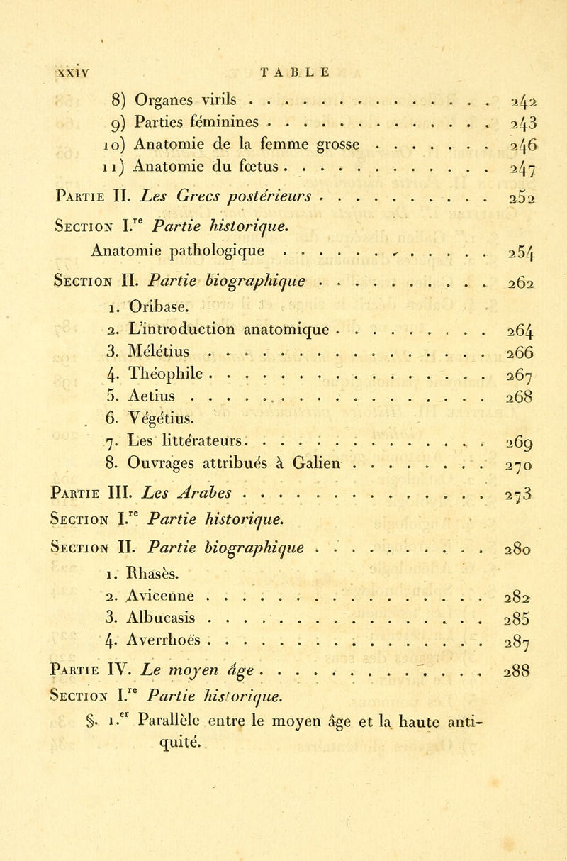 8) Organes virils . . . . 2^1 9) Parties féminines , 243 10) Anatomie de la femme grosse 246 11) Anatomie du fœtus. . 247 Partie IL Les Grecs postérieurs .......... 1^1 Section I.re Partie historique. Anatomie pathologique ...... ^ 254 Section II. Partie biographique 262 1. Oribase. 2. L'introduction anatomique 264 3. Mélétius ............ . . . . 266 4- Théophile . . 267 5. Aetius . . 268 6. Végétius. 7. Les littérateurs. ............. 269 8. Ouvrages attribués à Galien . . . . . . . . 270 Partie III. Les Arabes 273 Section I.re Partie historique. Section II. Partie biographique .......... 280 1. Rhasès. 2. Avicenne 282 3. Albucasis 280 4. Averrhoès 287 Partie IV. Le moyen âge . . . . 288 Section I.re Partie historique. §. 1. Parallèle entre le moyen âge et la haute anti- quité.