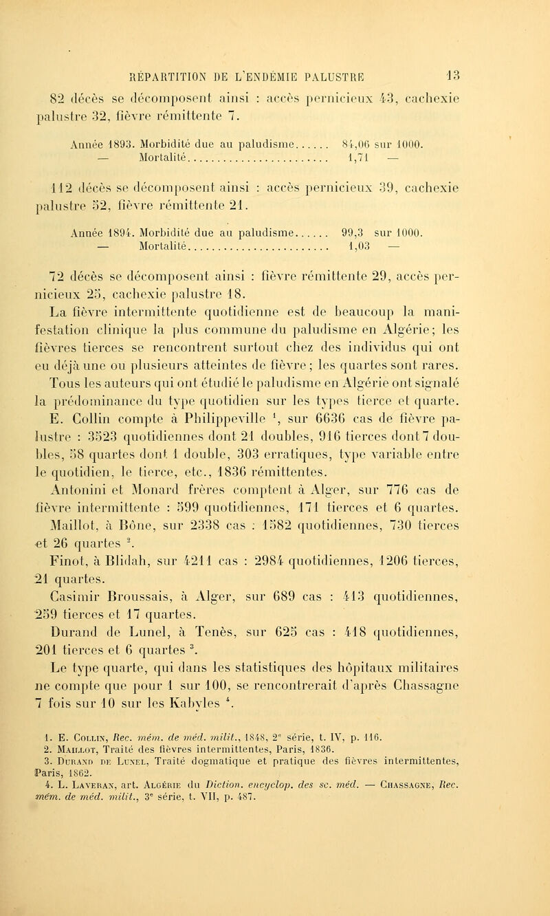 82 décès se décomposent ainsi : accès pernicieux 43, cachexie palustre 32, fièvre rémittente 7. Année 1893. Morbidité due au paludisme 84,06 sur 1000. — Mortalité 1,71 — 112 décès se décomposent ainsi : accès pernicieux 39, cachexie palustre 52, fièvre rémittente 21. Année 1894. Morbidité due au paludisme 99,3 sur 1000. — Mortalité 1,03 — 72 décès se décomposent ainsi : fièvre rémittente 29, accès per- nicieux 25, cachexie palustre 18. La fièvre intermittente cjuotidienne est de beaucoup la mani- festation clinique la plus commune du paludisme en Algérie; les fièvres tierces se rencontrent surtout chez des individus qui ont eu déjà une ou plusieurs atteintes de fièvre; les quartes sont rares. Tous les auteurs qui ont étudié le paludisme en Algérie ont signalé la prédominance du type quotidien sur les types tierce et quarte. E. Collin compte à Philippeville \ sur 6636 cas de fièvre pa- lustre : 3523 quotidiennes dont 21 doubles, 916 tierces dont 7 dou- bles, 58 quartes dont 1 double, 303 erratic[ues, type variable entre le quotidien, le tierce, etc., 1836 rémittentes. Antonini et Monard frères comptent à Alger, sur 776 cas de fièvre intermittente : 599 quotidiennes, 171 tierces et 6 quartes. Maillot, à Bône, sur 2338 cas ; 1582 quotidiennes, 730 tierces et 26 quartes -. Finot, à Blidah, sur 4211 cas : 2984 quotidiennes, 1206 tierces, 21 quartes. Casimir Broussais, à Alger, sur 689 cas : 413 c[uotidiennes, 259 tierces et 17 quartes. Durand de Lunel, à Tenès, sur 625 cas : 418 quotidiennes, 201 tierces et 6 quartes ^ Le type quarte, cjui dans les statistiques des hôpitaux militaires ne compte que pour 1 sur 100, se rencontrerait d'après Chassagne 7 fois sur 10 sur les Kabvles *. 1. E. CoLLix, Rec. mém. de méd. milît., 1848, 2° série, t. IV, p. 116. 2. Maillot, Traité des fièvres intermittentes, Paris, 1836. 3. Durand de Lcnel, Traité dogmatique et pratique des fièvres intermittentes, Paris, 1862. 4. L. Layehax, art. Algérie du Diction, encyclop. des se. méd. — Chassagne, Rec. mém. de méd. milit., 3^ série, t. VII, p. 487.