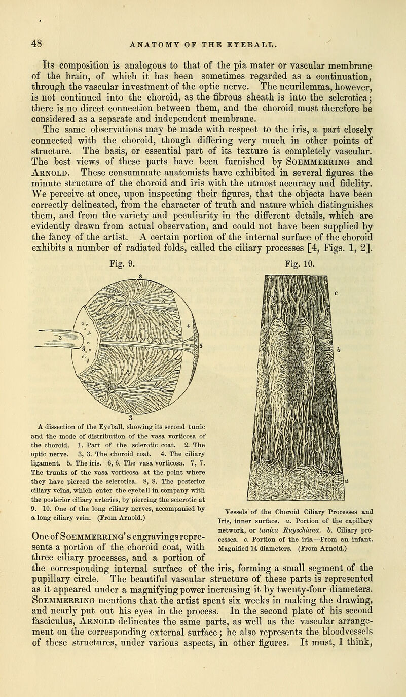 Its composition is analogous to that of the pia mater or vascular membrane of the brain, of which it has been sometimes regarded as a continuation, through the vascular investment of the optic nerve. The neurilemma, however, is not continued into the choroid, as the fibrous sheath is into the sclerotica; there is no direct connection between them, and the choroid must therefore be considered as a separate and independent membrane. The same observations may be made with respect to the iris, a part closely connected with the choroid, though differing very much in other points of structure. The basis, or essential part of its texture is completely vascular. The best views of these parts have been furnished by Soemmerring and Arnold. These consummate anatomists have exhibited in several figures the minute structure of the choroid and iris with the utmost accuracy and fidelity. We perceive at once, upon inspecting their figures, that the objects have been correctly delineated, from the character of truth and nature which distinguishes them, and from the variety and peculiarity in the different details, which are evidently drawn from actual observation, and could not have been supplied by the fancy of the artist. A certain portion of the internal surface of the choroid exhibits a number of radiated folds, called the ciliary processes [4, Figs. 1, 2]. Fig. 9. Fig. 10. A dissection of the Eyeball, showing its second tunic and the mode of distribution of the vasa vorticosa of the choroid. 1. Part of the sclerotic coat. 2. The optic nerve. 3, 3. The choroid coat. 4. The ciliary- ligament. 5. The iris. 6, 6. The vasa vorticosa. 7, 7. The trunks of the vasa vorticosa at the point where they have pierced the sclerotica. 8, 8. The posterior ciliary veins, which enter the eyeball in company with the posterior ciliary arteries, by piercing the sclerotic at 9. 10. One of the long ciliary nerves, accompanied by a long ciliary vein. (From Arnold.) Vessels of the Choroid Ciliary Processes and Iris, inner surface, a. Portion of the capillary network, or tunica Ruyschiana. b. Ciliary pro- cesses, c. Portion of the iris.—From an infant. Magnified 14 diameters. (From Arnold.) One of Soemmerring' s engravings repre- sents a portion of the choroid coat, with three ciliary processes, and a portion of the corresponding internal surface of the iris, forming a small segment of the pupillary circle. The beautiful vascular structure of these parts is represented as it appeared under a magnifying power increasing it by twenty-four diameters. Soemmerring mentions that the artist spent six weeks in making the drawing, and nearly put out his eyes in the process. In the second plate of his second fasciculus, Arnold delineates the same parts, as well as the vascular arrange- ment on the corresponding external surface; he also represents the bloodvessels of these structures, under various aspects, in other figures. It must, I think,