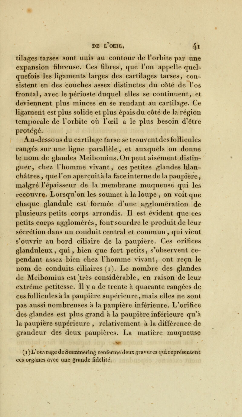 tilages tarses sont unis au contour de l'orbite par une expansion fibreuse. Ces fibres, que l'on appelle quel- quefois les ligaments larges des cartilages tarses, con- sistent en des couches assez distinctes du côté de l'os frontal, avec le périoste duquel elles se continuent, et deviennent plus minces en se rendant au cartilage. Ce ligament est plus solide et plus épais du côté de la région temporale de l'orbite où l'oeil a le plus besoin d'être protégé. Au-dessous du cartilage tarse se trouvent des follicules rangés sur une ligne parallèle, et auxquels on donne le nom de glandes Meibomius.Onpeut aisément distin- guer, chez l'homme vivant, ces petites glandes blan- châtres , que l'on aperçoit a la face interne de la paupière, malgré l'épaisseur de la membrane muqueuse qui les recouvre. Lorsqu'on les soumet a la loupe , on voit que chaque glandule est formée d'une agglomération de plusieurs petits corps arrondis. Il est évident que ces petits corps agglomérés, fontrsourdre le produit de leur sécrétion dans un conduit central et commun, qui vient s'ouvrir au bord ciliaire de la paupière. Ces orifices glanduleux, qui, bien que fort petits, s'observent ce- pendant assez bien chez l'homme vivant, ont reçu le nom de conduits ciliaires (i). Le nombre des glandes de Meibomius est très considérable, en raison de leur extrême petitesse. Il y a de trente a quarante rangées de ces follicules a la paupière supérieure, mais elles ne sont pas aussi nombreuses à la paupière inférieure. L'orifice des glandes est plus grand a la paupière inférieure qu'à la paupière supérieure , relativement a la différence de grandeur des deux paupières. La matière muqueuse (^L'ouvrage de Sœmmering renferme deux gravures qui représentent ces organes ayee une grande fidélité.