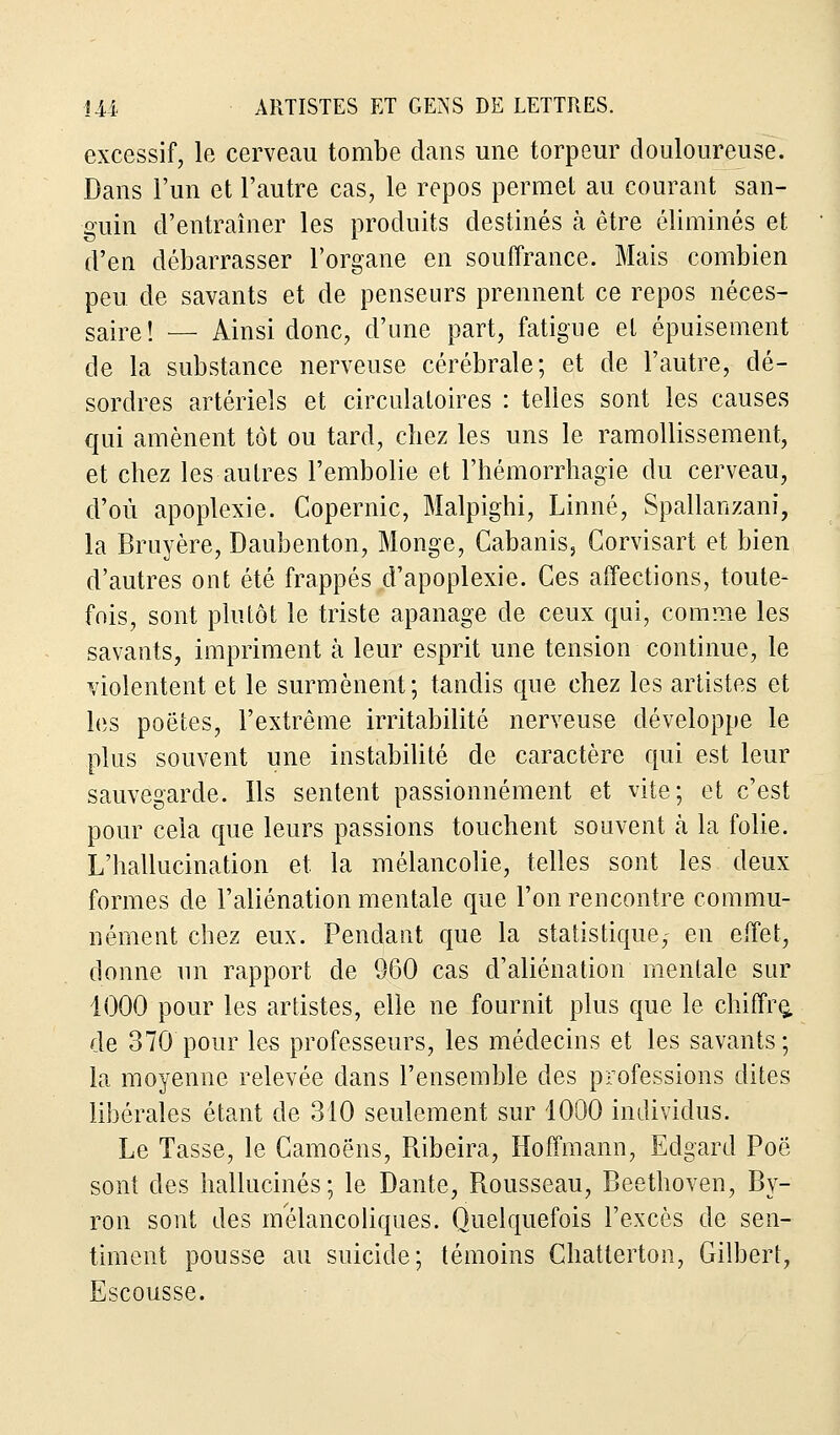 excessif, le cerveau tombe dans une torpeur douloureuse. Dans l'un et l'autre cas, le repos permet au courant san- guin d'entraîner les produits destinés à être éliminés et d'en débarrasser l'organe en souffrance. Mais combien peu. de savants et de penseurs prennent ce repos néces- saire! — Ainsi donc, d'une part, fatigue el épuisement de la substance nerveuse cérébrale; et de l'autre, dé- sordres artériels et circulatoires : telles sont les causes qui amènent tôt ou tard, chez les uns le ramollissement, et chez les autres l'embolie et l'hémorrhagie du cerveau, d'où apoplexie. Copernic, Malpighi, Linné, Spallanzani, la Bruyère, Daubenton, Monge, Cabanis, Corvisart et bien d'autres ont été frappés d'apoplexie. Ces affections, toute- fois, sont plutôt le triste apanage de ceux qui, comme les savants, impriment à leur esprit une tension continue, le violentent et le surmènent; tandis que chez les artistes et les poètes, l'extrême irritabilité nerveuse développe le plus souvent une instabilité de caractère qui est leur sauvegarde. Ils sentent passionnément et vite; et c'est pour cela que leurs passions touchent souvent k la folie. L'hallucination et la mélancolie, telles sont les deux formes de l'aliénation mentale que l'on rencontre commu- nément chez eux. Pendant que la statistique,- en effet, donne un rapport de 960 cas d'aliénation mentale sur 1000 pour les artistes, elle ne fournit plus que le chiffre, de 370 pour les professeurs, les médecins et les savants; la moyenne relevée dans l'ensemble des professions dites libérales étant de 310 seulement sur 1000 individus. Le Tasse, le Camoëns, Ribeira, Hoffmann, Edgard Poë sont des hallucinés; le Dante, Rousseau, Beethoven, By- ron sont des mélancoliques. Quelquefois l'excès de sen- timent pousse au suicide; témoins Chatterton, Gilbert, Escousse.