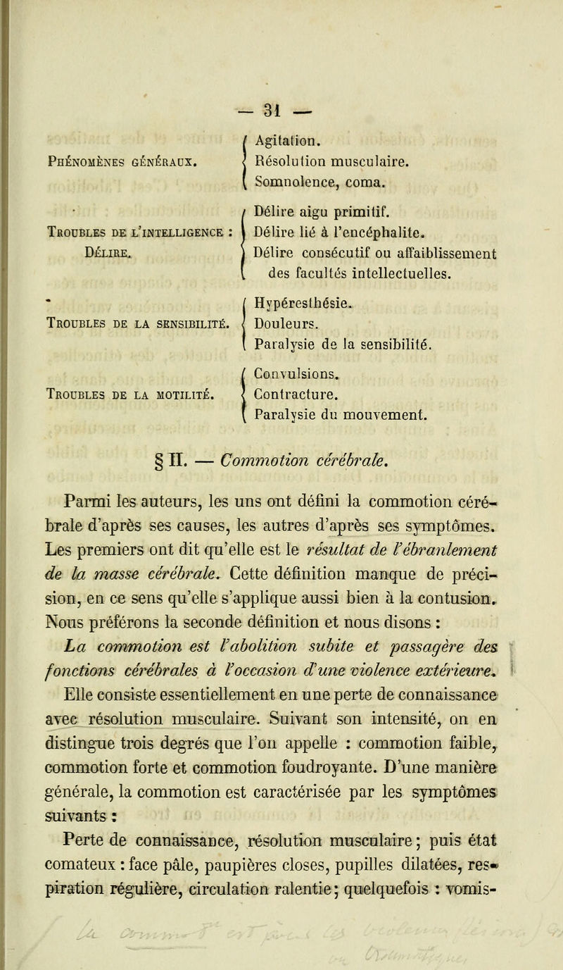 Phénomènes généraux. Troubles de l'intelligence DÉLIRE. Troubles de la sensibilité. Troubles de la motilité. - 31 — Agitation. Résolution musculaire. Somnolence, coma. Délire aigu primitif. Délire lié à l'encéphalite. Délire consécutif ou affaiblissement des facultés intellectuelles. Hypéresthésie. Douleurs. Paralysie de la sensibilité. Convulsions. Contracture. Paralysie du mouvement. § IL — Commotion cérébrale. Parmi les auteurs, les uns ont défini la commotion céré- brale d'après ses causes, les autres d'après ses symptômes. Les premiers ont dit qu'elle est le résultat de Vébranlement de la masse cérébrale. Cette définition manque de préci- sion, en ce sens qu'elle s'applique aussi bien à la contusion. Nous préférons la seconde définition et nous disons : La commotion est l'abolition subite et passagère des fonctions cérébrales à l'occasion dune violence extérieure* Elle consiste essentiellement en une perte de connaissance avec résolution musculaire. Suivant son intensité, on en distingue trois degrés que l'on appelle : commotion faible, commotion forte et commotion foudroyante. D'une manière générale, la commotion est caractérisée par les symptômes suivants : Perte de connaissance, résolution musculaire ; puis état comateux : face pâle, paupières closes, pupilles dilatées, res* piration régulière, circulation ralentie ; quelquefois : vomis-