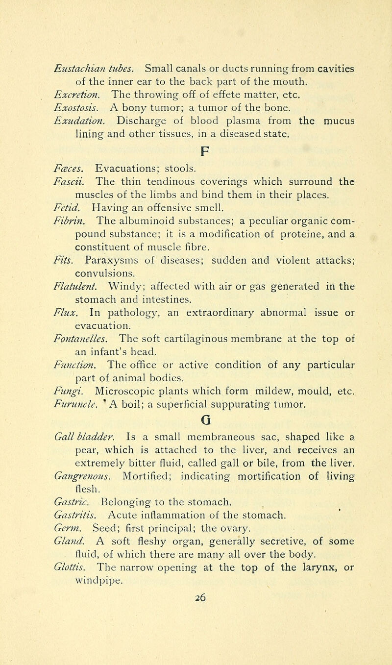 Eustachian tubes. Small canals or ducts running from cavities of the inner ear to the back part of the mouth. Excretion. The throwing off of effete matter, etc. Exostosis. A bony tumor; a tumor of the bone. Exudation. Discharge of blood plasma from the mucus lining and other tissues, in a diseased state. F Fceces. Evacuations; stools. Fascii. The thin tendinous coverings which surround the muscles of the limbs and bind them in their places. Fetid. Having an offensive smell. Fibrin. The albuminoid substances; a peculiar organic com- pound substance; it is a modification of proteine, and a constituent of muscle fibre. Fits. Paraxysms of diseases; sudden and violent attacks; convulsions. Flatulent. Windy; affected with air or gas generated in the stomach and intestines. Flux. In pathology, an extraordinary abnormal issue or evacuation. Fontanelles. The soft cartilaginous membrane at the top of an infant's head. Function. The office or active condition of any particular part of animal bodies. Fungi. Microscopic plants which form mildew, mould, etc. Furuncle. ' A boil; a superficial suppurating tumor. Q Gall bladder. Is a small membraneous sac, shaped like a pear, which is attached to the liver, and receives an extremely bitter fluid, called gall or bile, from the liver. Gangrenous. Mortified; indicating mortification of living flesh. Gastric. Belonging to the stomach. Gastritis. Acute inflammation of the stomach. Germ. Seed; first principal; the ovary. Gland. A soft fleshy organ, generally secretive, of some fluid, of which there are many all over the body. Glottis. The narrow opening at the top of the larynx, or windpipe.