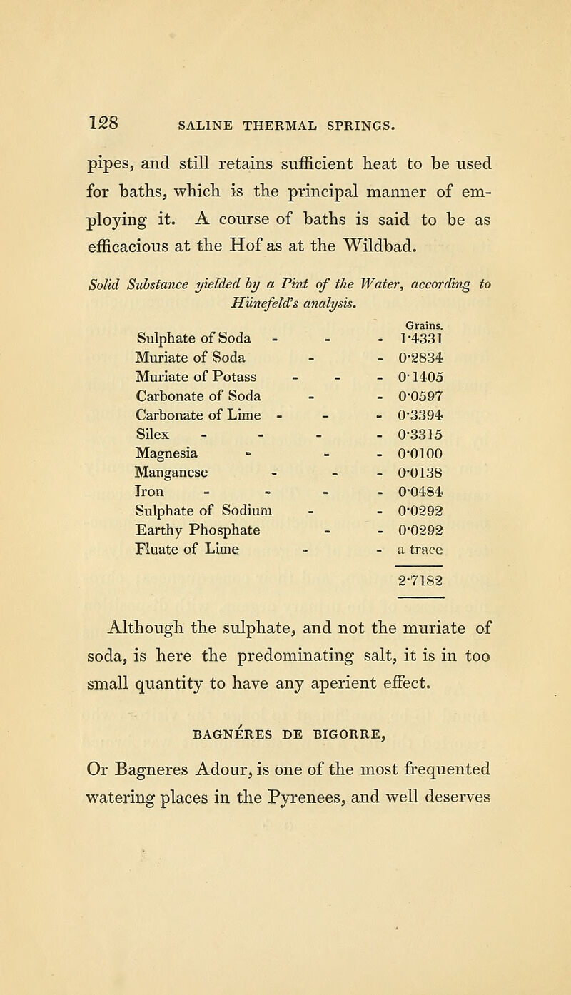 pipes, and still retains sufficient heat to be used for baths, which is the principal manner of em- ploying it. A course of baths is said to be as efficacious at the Hof as at the Wildbad. Solid Substance yielded by a Pint of the Water, according to Hunefeld's analysis. Grains. Sulphate of Soda - 1-4331 Muriate of Soda - 0-2834 Muriate of Potass - 01405 Carbonate of Soda - 0-0597 Carbonate of Lime - - 0-3394 Silex - 0-3315 Magnesia - 0-0100 Manganese - 0-0138 Iron - - _ - 0-0484 Sulphate of Sodium - 0-0292 Earthy Phosphate - 0-0292 Fluate of Lime - a trace 2-7182 Although the sulphate, and not the muriate of soda, is here the predominating salt, it is in too small quantity to have any aperient effect. BAGNERES DE BIGORRE, Or Bagneres Adour, is one of the most frequented watering places in the Pyrenees, and well deserves