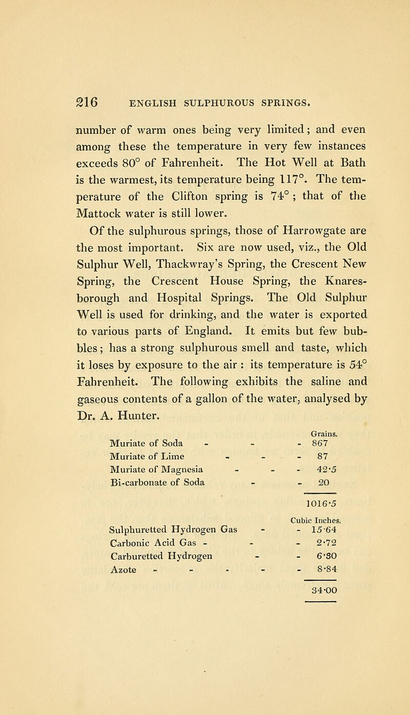 number of warm ones being very limited; and even among these the temperature in very few instances exceeds 80° of Fahrenheit. The Hot Well at Bath is the warmest, its temperature being 117°. The tem- perature of the Clifton spring is 74*° ; that of the Mattock water is still lower. Of the sulphurous springs, those of Harrowgate are the most important. Six are now used, viz., the Old Sulphur Well, Thackwray's Spring, the Crescent New Spring, the Crescent House Spring, the Knares- borough and Hospital Springs. The Old Sulphur Well is used for drinking, and the water is exported to various parts of England. It emits but few bub- bles ; has a strong sulphurous smell and taste, which it loses by exposure to the air : its temperature is 54° Fahrenheit. The following exhibits the saline and gaseous contents of a gallon of the water, analysed by Dr. A. Hunter. Grains. Muriate of Soda - - - 867 Muriate of Lime - - - 87 Muriate of Magnesia - - - 42*5 Bi-carbonate of Soda - - 20 Sulphuretted Hydrogen Gas Carbonic Acid Gas - Carburetted Hydrogen Azote - - . . ]016-5 Cubic Inches. - 15-64 2-72 6-30 8-84 34-00