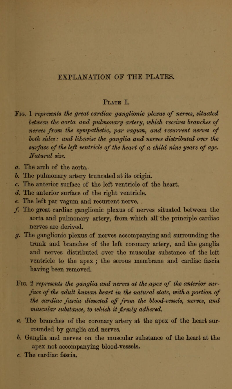 EXPLANATION OF THE PLATES. Plate I. Fig. 1 represents the great cardiac ganglionic plexus of nerves, situated between the aorta and pulmonary artery, which receives branches of nerves from the sympatJietic, par vagum, and recurrent nerves of both sides: and likewise tlie ganglia and nerves distributed over the surface of the left ventricle of the heart of a child nine years of age. Natural size. a. The arch of the aorta. b. The pulmonary artery truncated at its origin. c. The anterior surface of the left ventricle of the heart. d. The anterior surface of the right ventricle. e. The left par vagum and recurrent nerve. /. The great cardiac ganglionic plexus of nerves situated between the aorta and pulmonary artery, from which all the principle cardiac nerves are derived. g. The ganglionic plexus of nerves accompanying and surrounding the trunk and branches of the left coronary artery, and the ganglia and nerves distributed over the muscular substance of the left ventricle to the apex ; the serous membrane and cardiac fascia having been removed. Eig. 2 represents the ganglia and nerves at the apex of the anterior sur- face of the adult human heart in the natural state, with a portion of the cardiac fascia dissected off from the blood-vessels, nerves, and muscular substance, to which it firmly adhered. a. The branches of the coronary artery at the apex of the heart sur- rounded by ganglia and nerves. b. Ganglia and nerves on the muscular substance of the heart at the apex not accompanying blood-vessels. c. The cardiac fascia.