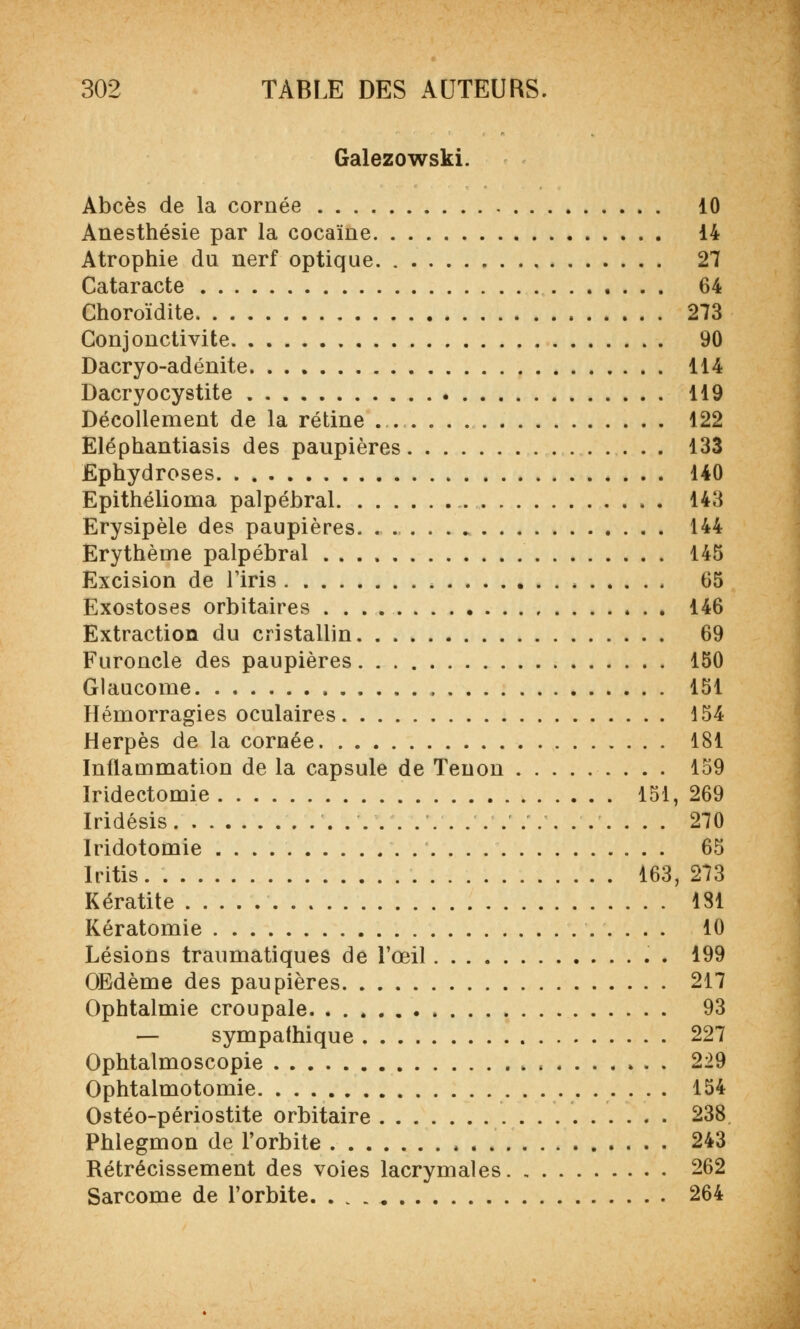 Galezowski. Abcès de la cornée 10 Anesthésie par la cocaïne 14 Atrophie du nerf optique 27 Cataracte 64 Choroïdite 273 Conjonctivite 90 Dacryo-adénite 114 Dacryocystite 119 Décollement de la rétine . 122 Eléphantiasis des paupières 133 Ephydroses 140 Epithélioma palpébral 143 Erysipèle des paupières. 144 Erythème palpébral 145 Excision de l'iris 65 Exostoses orbitaires 146 Extraction du cristallin 69 Furoncle des paupières 150 Glaucome 151 Hémorragies oculaires 154 Herpès de la cornée 181 Inflammation de la capsule de Tenon 159 Iridectomie 151, 269 Iridésis 270 Iridotomie 65 Iritis 163, 273 Kératite 131 Kératomie 10 Lésions traumatiques de l'œil . 199 OEdème des paupières 217 Ophtalmie croupale 93 — sympathique 227 Ophtalmoscopie 229 Ophtalmotomie 154 Ostéo-périostite orbitaire 238 Phlegmon de l'orbite 243 Rétrécissement des voies lacrymales 262 Sarcome de l'orbite 264