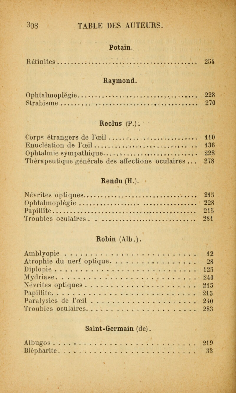 Potain. Rétinites *. 254 Raymond. Ophtalmoplégie 228 Strabisme 270 Reclus (P.). Corps étrangers de l'œil .- 110 Enucléation de l'œil .. 136 Ophtalmie sympathique 228 Thérapeutique générale des affections oculaires ... 278 Rendu (H.). Névrites optiques 215 Ophtalmoplégie 228 Papillite 215 Troubles oculaires 281 Robin {Mb.). Amblyopie 12 Atrophie du nerf optique 28 Diplopie 125 Mydriase 240 Névrites optiques 215 Papillite 215 Paralysies de l'œil 240 Troubles oculaires 283 Saint-Germain (de). Albugos 219 Blépharite 33