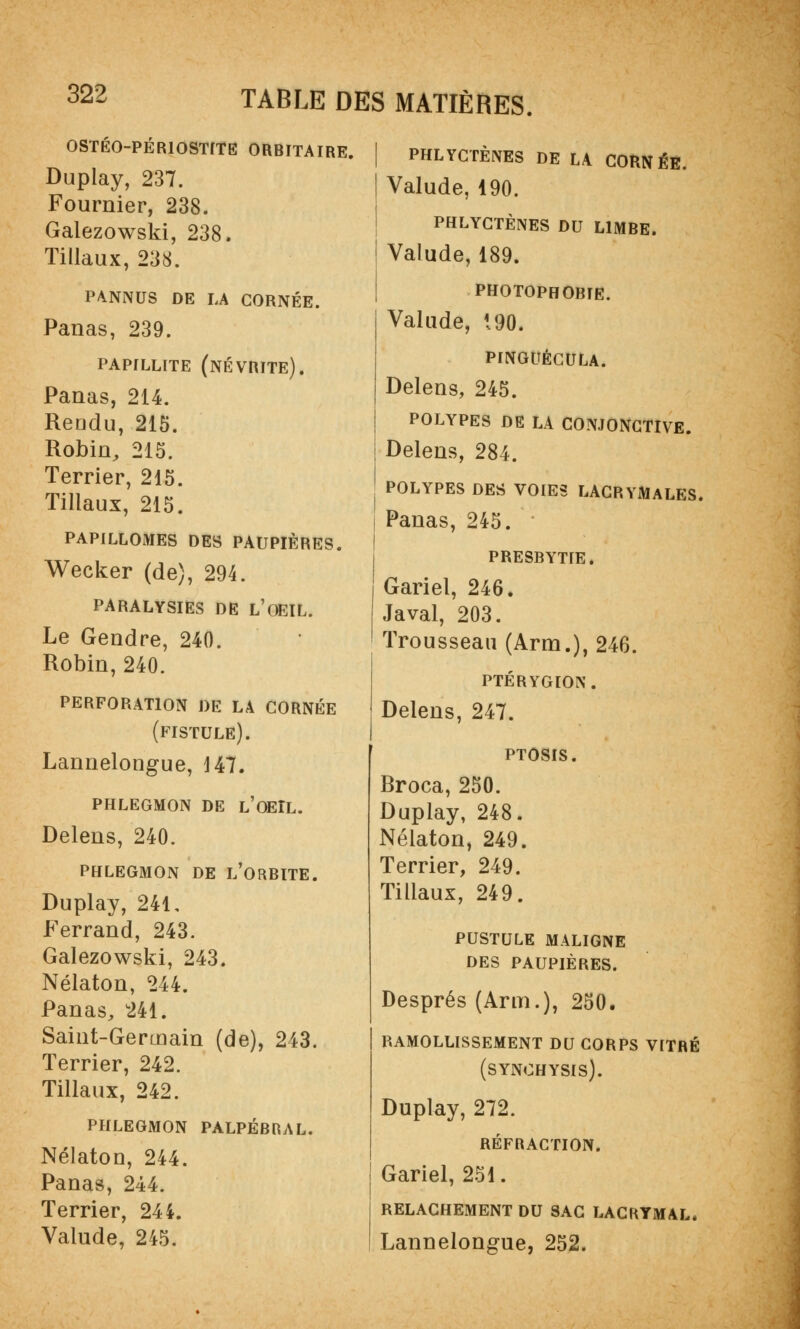 0STÉ0-PÉR10STITË ORBITAIRE. Duplay, 237. Fournier, 238. Galezowski, 238. Tillaux, 238. PANNUS DE LA CORNÉE. Panas, 239. PAPrLLITE (NÉVRITE). Panas, 214. Rendu, 215. Robin, 215. Terrier, 215. Tillaux, 215. PAPILLOMES DES PAUPIÈRES. Weeker (de), 294. PARALYSIES DE L'OEIL. Le Gendre, 240. Robin, 240. PERFORATION DE LA CORNÉE (fistule). Lannelongue, J47. phlegmon de l'oeil. Delens, 240. PHLEGMON DE L'ORBITE. Duplay, 241. Ferrand, 243. Galezowski, 243. Nélaton, 244. Panas, 241. Saint-Germain (de), 243. Terrier, 242. Tillaux, 242. PHLEGMON PALPÉBRAL. Nélaton, 244. Panas, 244. Terrier, 244. Valude, 245. PHLYCTÈNES DE LA CORNÉE. Valude, 190. PHLYCTÈNES DU LIMBE. Valude, 189. PHOTOPHOBIE. Valude, 190. PINGUÉCULA. Delens, 245. POLYPES DE LA CONJONCTIVE. Delens, 284. POLYPES DES VOIES LACRYMALES. Panas, 245. PRESBYTIE. Gariel, 246. Javal, 203. Trousseau (Arm.), 246. PTÉRYGION. Delens, 247. ptosis. Broca, 250. Duplay, 248. Nélaton, 249. Terrier, 249. Tillaux, 249. PUSTULE MALIGNE DES PAUPIÈRES. Després (Arm.), 250. RAMOLLISSEMENT DU CORPS VrTRÉ (SYNCHYSIS). Duplay, 272. RÉFRACTION. Gariel, 251. RELACHEMENT DU SAC LACRYMAL. Lannelongue, 252.