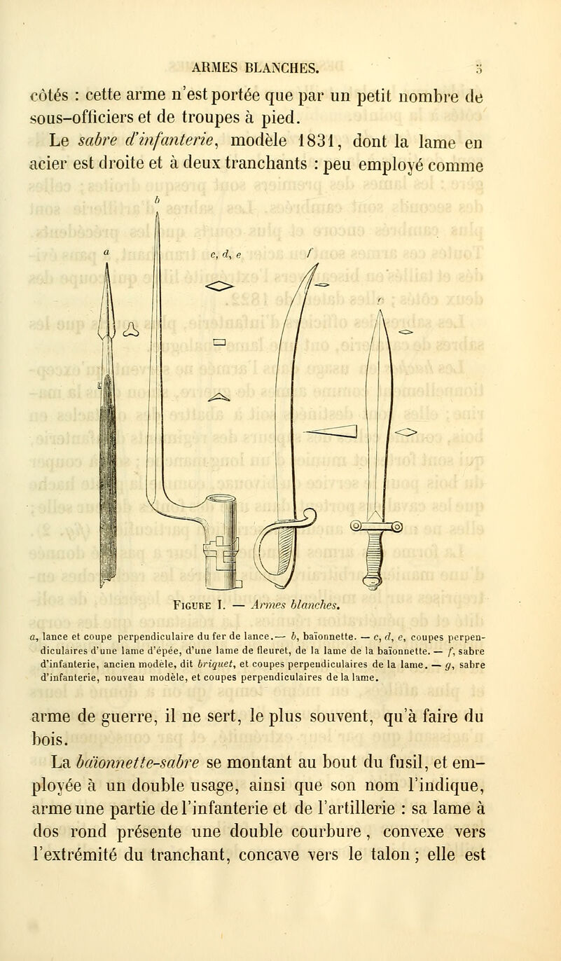 côtés : cette arme n'est portée que par un petit nombre de sous-ofliciers et de troupes à pied. Le sabre d'infanterie, modèle 1831, dont la lame en acier est droite et à deux tranchants : peu employé comme Figure I. — Armes blanches. a, lance et coupe perpendiculaire du fer de lance.— b, baïonnette. — c, d, e, coupes perpen- diculaires d'une lame d'épée, d'une lame de fleuret, de la lame de la baïonnette. — f, sabre d'infanterie, ancien modèle, dit briquet, et coupes perpeudiculaires de la lame. — g, sabre d'infanterie, nouveau modèle, et coupes perpendiculaires de la lame. arme de guerre, il ne sert, le plus souvent, qu'à faire du bois. La bciionnette-sabre se montant au bout du fusil, et em- ployée à un double usage, ainsi que son nom l'indique, arme une partie de l'infanterie et de l'artillerie : sa lame à dos rond présente une double courbure, convexe vers l'extrémité du tranchant, concave vers le talon ; elle est