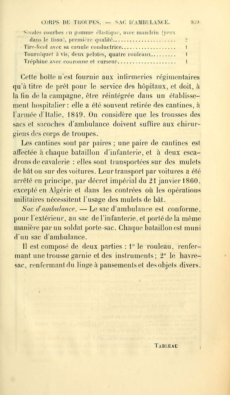 Soudes courbes en gomme élastique, avec mandrin (yeux dans le (issu), première qualité 2 Tire-fond avec sa canule conductrice I Tourniquet à vis, deux pelotes, quatre rouleaux I Tréphine avec couronne et curseur , I Cette boîte n'est fournie aux infirmeries régimentaires qu'à titre de prêt pour le service des hôpitaux, et doit, à la fin de la campagne, être réintégrée daus un établisse- ment hospitalier: elle a été souvent retirée des cantines, à l'armée d'Italie, 1849. On considère que les trousses des sacs et sacoches d'ambulance doivent suffire aux chirur- giens des corps de troupes. Les cantines sont par paires ; une paire de cantines est affectée à chaque bataillon d'infanterie, et à deux esca- drons de cavalerie : elles sont transportées sur des mulets de bât ou sur des voitures. Leur transport par voitures a été arrêté en principe, par décret impérial du 21 janvier 1860, excepté en Algérie et dans les contrées où les opérations militaires nécessitent l'usage des mulets de bât. Sac d'ambulance. — Le sac d'ambulance est conforme, pour l'extérieur, au sac de l'infanterie, et porlé de la même manière par un soldat porte-sac. Chaque bataillon est muni d'un sac d'ambulance. Il est composé de deux parties : 1° le rouleau, renfer- mant une trousse garnie et des instruments ; 2° le havre- sac, renfermant du linge à pansements et des objets divers. ABLEAU