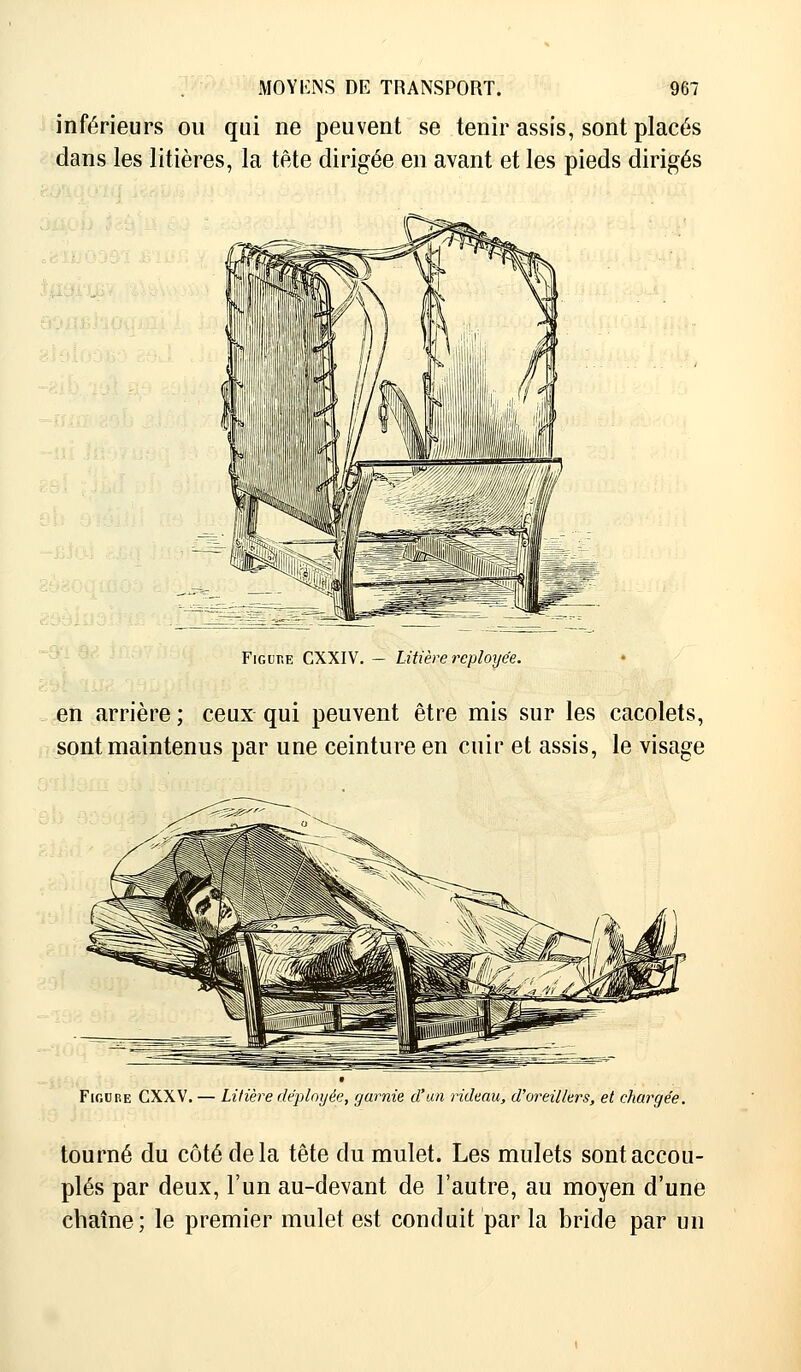 inférieurs ou qui ne peuvent se tenir assis, sont placés dans les litières, la tête dirigée en avant et les pieds dirigés Figuhe CXXIV. — Litière reployée. en arrière ; ceux qui peuvent être mis sur les cacolets, sont maintenus par une ceinture en cuir et assis, le visage Figure CXXV. — Litière déployée, garnie d'un rideau, d'oreillers, et chargée. tourné du côté delà tête du mulet. Les mulets sont accou- plés par deux, l'un au-devant de l'autre, au moyen d'une chaîne; le premier mulet est conduit par la bride par un