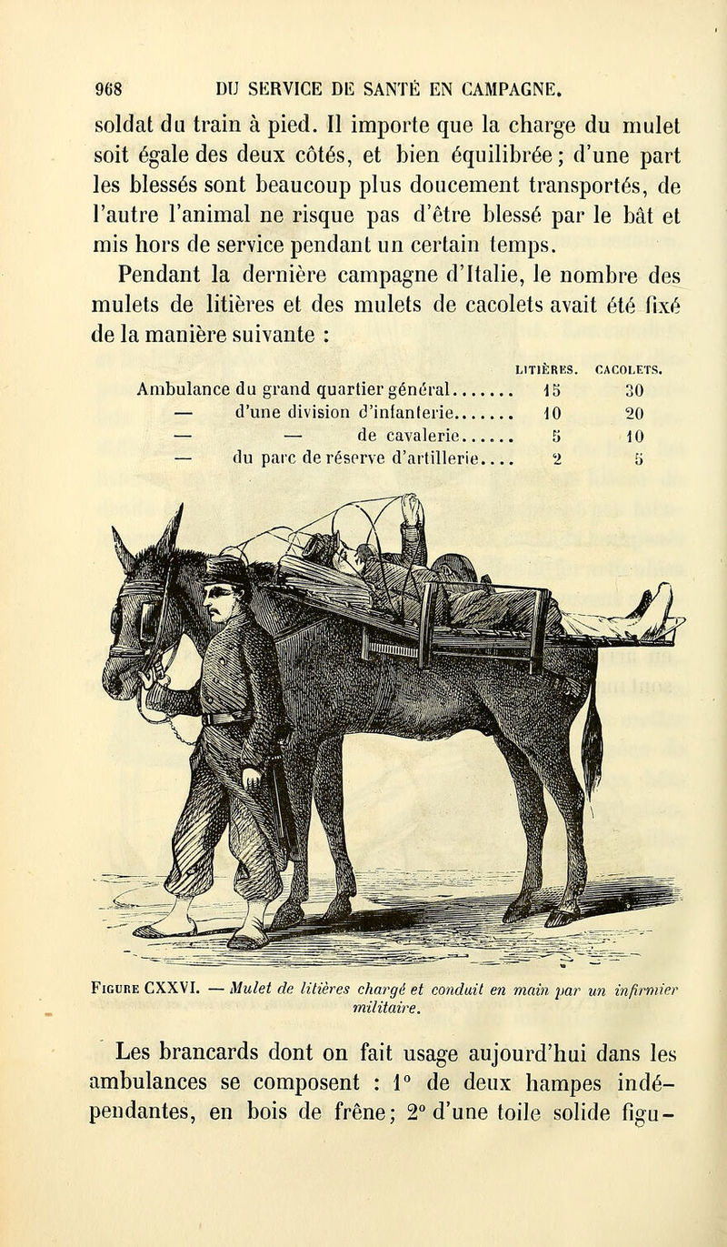 soldat du train à pied. Il importe que la charge du mulet soit égale des deux côtés, et bien équilibrée; d'une part les blessés sont beaucoup plus doucement transportés, de l'autre l'animal ne risque pas d'être blessé par le bât et mis hors de service pendant un certain temps. Pendant la dernière campagne d'Italie, le nombre des mulets de litières et des mulets de cacolets avait été fixé de la manière suivante : LITIÈRES. CACOLETS. Ambulance du grand quartier général 15 30 — d'une division d'infanterie 10 20 — — de cavalerie...... 5 10 — du parc de réserve d'artillerie.... 2 5 Figure CXXVI. — Mulet de litières chargé et conduit en main par un infirmier militaire. Les brancards dont on fait usage aujourd'hui dans les ambulances se composent : 1° de deux hampes indé- pendantes, en bois de frêne; 2° d'une toile solide figu-