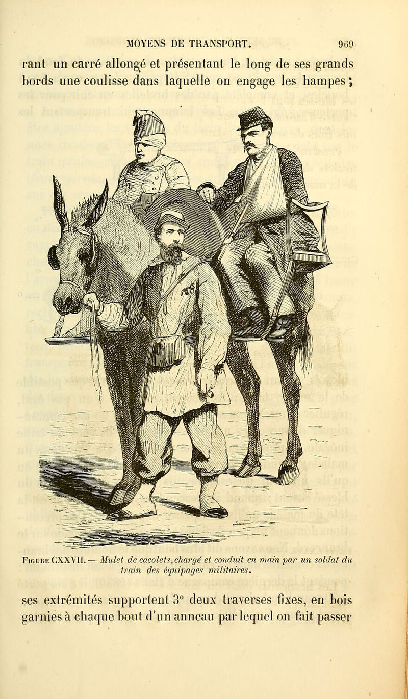 rant un carré allongé et présentant le long de ses grands bords une coulisse dans laquelle on engage les hampes ; Figure CXXVII.— Mulet de cacolets,chargé et conduit en main par un soldat du train des équipages militaires. ses extrémités supportent 3° deux traverses fixes, en bois garnies à chaque bout d'un anneau par lequel on fait passer