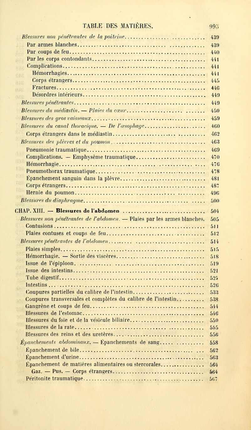 Blessures non -pénétrantes de la poitrine 439 Par armes blanches 439 Par coups de feu 4/1O Parles corps contondants 441 Complications 441 Hémorrhagies 441 Corps étrangers 445 Fractures , 44G Désordres intérieurs 449 Blessures pénétrantes 449 Blessures du médiastin. — Plaies du cœur 450 Blessures des gros vaisseaux 459 Blessures du canal thoracique. — De l'œsophage 4GO Corps étrangers dans le médiastin 462 Blessures des plèvres et du poumon 4G3 Pneumonie traumatique 4G9 Complications. — Emphysème traumatique 470 Hémorrhagie 47G Pneumothorax traumatique 478 Épanchement sanguin dans la plèvre 481 Corps étrangers 487 Hernie du poumon 49G Blessures du diaphragme 500 CHAP. XIII. — Blessures de l'abdomen 504 Blessures non pénétrantes de l'abdomen. — Plaies par les armes blanches. 505 Contusions 5l 1 Plaies contuses et coups de feu 512 Blessures pénétrantes de l'abdomen 514 Plaies simples 515 Hémorrhagie. — Sortie des viscères 518 Issue de l'épiploon 519 Issue des intestins 521 Tube digestif 52.rt Intestins 52G Coupures partielles du calibre de l'intestin 533 Coupures transversales et complètes du calibre de l'intestin 538 Gangrène et coups de feu 544 Blessures de l'estomac 546 Blessures du foie et de la vésicule biliaire 550 Blessures de la rate 555 Blessures des reins et des uretères 556 Épanchements abdominaux. — Épanchements de sang 558 Épanchement de bile 5G2 Épanchement d'urine 563 Épanchement de matières alimentaires ou stercorales 564 Gaz. — Pus. — Corps étrangers 564 Péritonite traumatique , 5G7