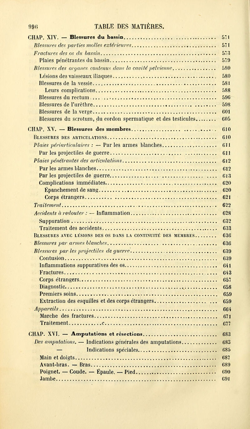 CHAP. XIV. — Blessures du bassin 571 Blessures des parties molles extérieures 571 Fractures des os du bassin 573 Plaies pénétrantes du bassin 579 Blessures des organes contenu? dans la cavité pelvienne 580 Lésions des vaisseaux iliaques 580 Blessures delà vessie 581 Leurs complications 588 Blessures du rectum 596 Blessures de l'urèthre 598 Blessures de la verge 601 Blessures du scrotum, du cordon spermatique et des testicules 605 CHAP. XV. — Blessures des membres ,., 610 Blessures des articulations 610 Plaies périarticulaires : — Par les armes blanches 611 Par les projectiles de guerre 611 Plaies pénétrantes des articulations 612 Par les armes blanches 612 Par les projectiles de guerre 613 Complications immédiates 620 Épanchement de sang 620 Corps étrangers 621 Traitement 622 Accidents à redouter : — Inflammation 628 Suppuration 632 Traitement des accidents 633 Blessures avec lésions des os dans la continuité des membres 636 Blessures par armes blanches 636 Blessures par les projectiles de guerre 639 Contusion 639 Inflammations suppuratives des os 641 Fractures 643 Corps étrangers 657 Diagnostic .^ 658 Premiers soins 659 Extraction des esquilles et des corps étrangers 659 Appareils 664 Marche des fractures 671 Traitement c G77 CHAP. XVI. — Amputations et résections 683 Des amputations. — Indications générales des amputations 683 — Indications spéciales 685 Main et doigts 687 Avant-bras. — Bras 689 Poignet. — Coude. — Épaule. — Pied 690 Jambe 691