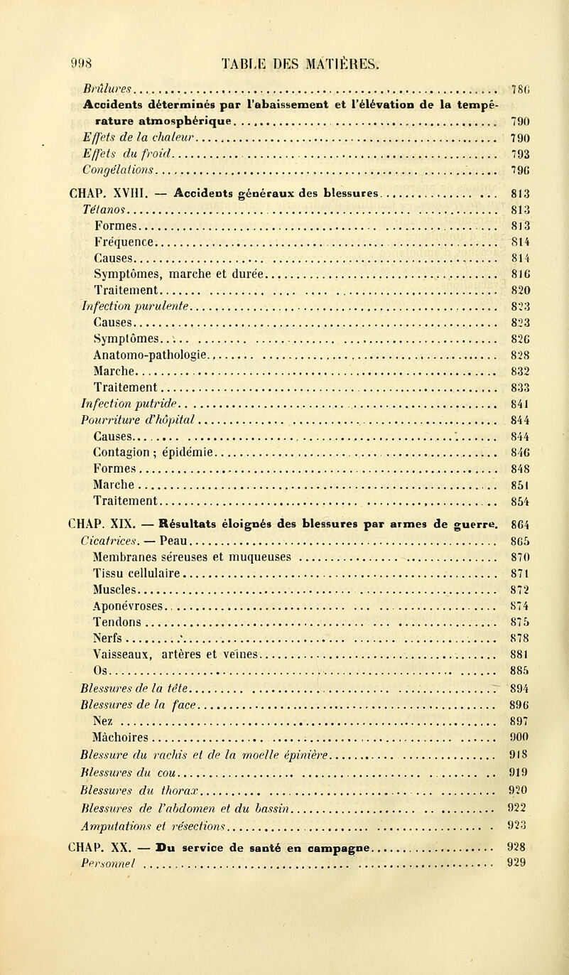 Brûlures , 7 8(i Accidents déterminés par l'abaissement et l'élévation de la tempé- rature atmosphérique 790 Effets de la chaleur.... t 790 Effets du froid 793 Congélations 79G CHAP. XVIII. — Accidents généraux des blessures 813 Tétanos 813 Formes 8l3 Fréquence 814 Causes , 814 Symptômes, marche et durée 816 Traitement 820 Infection purulente 823 Causes 823 Symptômes 826 Anatomo-pathologie 828 Marche 832 Traitement 833 Infection putride 841 Pourriture d'hôpital 844 Causes . 844 Contagion ; épidémie 846 Formes - 848 Marche 851 Traitement 854 CHAP. XIX. — Résultats éloignés des blessures par armes de guerre. 864 Cicatrices. — Peau 865 Membranes séreuses et muqueuses 870 Tissu cellulaire 871 Muscles 872 Aponévroses.. 874 Tendons 875 Nerfs ' 878 Vaisseaux, artères et veines 881 Os 885 Blessures de la tête 894 Blessures de la face 896 Nez 897 Mâchoires 900 Blessure du rachis et de la moelle épinière 91S Blessures du cou 919 Blessures du thorax 920 Blessures de l'abdomen et du bassin 922 Amputations et résections 923 CHAP. XX. — Du service de santé en campagne 928 Personnel 929