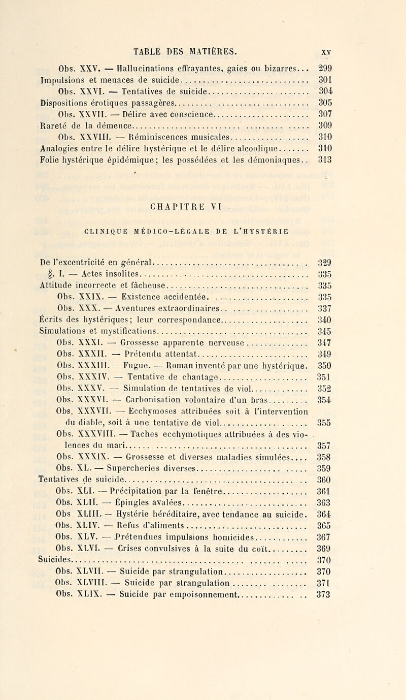 Obs. XXV. — Hallucinations effrayantes, gaies ou bizari-es... 299 Impulsions et menaces de suicide 301 Obs. XXVI. — Tentatives de suicide 304 Dispositions erotiques passagères 305 Obs. XXVII. — Délire avec conscience 307 Rareté de la démence 309 Obs. XXVIII. — Réminiscences musicales 310 Analogies entre le délire hystérique et le délire alcoolique 310 Folie hystérique épidémique; les possédées et les démoniaques.. 313 CHAPITRE VI CLINIQUE MÉDICO-LÉGALE DE L'HYSTÉRIE De l'excentricité en général 329 §. [. — Actes insolites 335 Attitude incorrecte et fâcheuse 335 Obs. XXIX. — Existence accidentée 335 Obs. XXX. — Aventures extraordinaires 337 Écrits des hystériques ; leur correspondance 340 Simulations et mystifications 345 Obs. XXXI. — Grossesse apparente nerveuse 3i7 Obs. XXXII. — Prétendu attentat 349 Obs. XXXIII. — Fugue. — Roman inventé par une hystérique. 350 Obs. XXXIV. — Tentative de chantage 351 Obs. XXXV. — Simulation de tentatives de viol 352 Obs. XXXVI. — Carbonisation volontaire d'un bras 354 Obs. XXXVII. — Ecchymoses attribuées soit à l'intervention du diable, soit à une tentative de viol 355 Obs. XXXVIII. —Taches ecchymotiques attribuées à des vio- . lences du mari 357 Obs. XXXIX. — Grossesse et diverses maladies simulées.... 358 Obs. XL. — Supercheries diverses 359 Tentatives de suicide 360 Obs. XLI. — Précipitation par la fenêtre 361 Obs. XLII. — Épingles avalées 363 Obs XLIII. — Hystérie héréditaire, avec tendance au suicide. 364 Obs. XLIV. — Refus d'aliments 365 Obs. XLV. — Prétendues impulsions homicides 367 Obs. XLVI. — Crises convulsives à la suite du coït 369 Suicides 370 Obs. XLVII. — Suicide par strangulation 370 Obs. XLVIII. — Suicide par strangulation 371 Obs. XLIX. — Suicide par empoisonnement 373