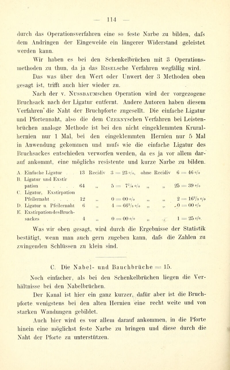 durch das Operationsverfaliren eine so feste Narbe zu bilden, dafs dem Andringen der Eingeweide ein längerer Widerstand geleistet werden kann. Wir liaben es bei den Sclienkelbrüchen mit 3 Operations- methoden zu thun, da ja das EisELSche Verfahren wegfällig wird. Das was über den Wert oder Unwert der 3 Methoden oben gesagt ist, trifft auch hier wieder zu. Nach der v. NussBAUMSchen Operation wird der vorgezogene Bruchsack nach der Ligatur entfernt. Andere Autoren haben diesem Verfahren' die Naht der Bruchpforte zugesellt. Die einfache Ligatur und Pfortennaht, also die dem CzERNYSchen Verfahren bei Leisten- brüchen analoge Methode ist bei den nicht eingeklemmten Krural- hernien nur 1 Mal, bei den eingeklemmten Hernien nur 5 Mal in Anwendung gekommen und mufs wie die einfache Ligatur des Bruchsackes entschieden verworfen werden, da es ja vor allem dar- auf ankommt, eine möglichs resistente und kurze Narbe zu bilden. A. Einfache Ligatur . . 13 Recidiv o = 23 o/o, ohne Recidiv 6 ;= 4() o/o B. Ligatur und Exstir pation 64 „ 5 = 77« o/o „ „ 25 = 39 o/o C. Ligatur, Exstirpation Pfeilernaht .... 12 ,. 0 = 00 o/o „ „ 2 = löVs o/o D. Ligatur u. Pfeilernaht 6 ., 4 = 66V.s o/o „ „ '.0 = 00 o/o E. Exstirpation desBruch- sackes 4 „ 0 = 00 o/o „ .^., 1 = 25 o/o. Was wir oben gesagt, wird durch die Ergebnisse der Statistik bestätigt, wenn man auch gern zugeben kann, dafs die Zahlen zu zwingenden Schlüssen zu klein sind. C. Die Nabel- und Bauchbrüche = 15. Noch einfacher, als bei den Schenkelbrüchen liegen die Ver- hältnisse bei den Nabelbrüchen. Der Kanal ist hier ein ganz kurzer, dafür aber ist die Bruch- pforte wenigstens bei den alten Hernien eine recht weite und von starken Wandungen gebildet. Auch hier wird es vor allem darauf ankommen, in die Pforte hinein eine möglichst feste Narbe zu bringen und diese durch die Naht der Pforte zu unterstützen.