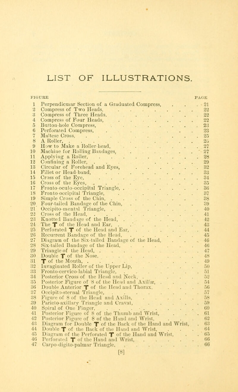 LIST OF ILLUSTRATIONS. 1 Perpendicular Section of a Graduated Compress 2 Compress of Two Heads, 3 Compress of Three Heads. 4 Compress of Four Heads, 5 Buitou-hole Compress, .... 6 Perforated Compress, 7 Maltese Cross, ... . 8 A Roller, ...... 9 How to Make a Roller-head, 10 Machine for Rolling Bandages, 11 Applying a Roller, ...... 12 Confining a Roller, 13 Circular of Forehead and Ej'es, 14 Fillet or Headband, .... 15 Cross of the Ej^e, ... 10 Cross of the Eyes ' 17 Fronto-oculo-occipital Triangle, . 18 Fronto-occipital Triangle, 19 Simple Cross of the Chin, .... 20 Four-tailed Bandage of the Chin, 21 Occipito-mental Triangle, . 22 Cross of the Head 23 Knotted Bandage of the Head, . 24 The T of the Head and Ear, . 25 Perforated T of the Head and Ear, 26 Recurrent Bandage of the Head, 27 Diagram of the Six-tailed Bandage of the Head 28 Six-tailed Bandage of the Head, 29 Triangle of the Head, 30 Double T of the Nose 31 T of the Mouth, .... 32 Invaginated Roller of the Upper Lip, 33 Fronto-cervico-labial Triangle, 34 Posterior Cross of the Head and Neck. 35 Posterior Figure of 8 of the Head and Axillae, 36 Double Anterior T of the Head and Thorax, 37 Occipito-sternal Triangle, .... 38 Figure of 8 of the Head and Axilla, 39 Parieto-axillary Triangle and Cravat, 40 Spiral of Oue'Finger, . . . - . 41 Posterior Figure of 8 of the Thumb and Wrist, 42 Posterior Figure of 8 of the Hand and Wrist. 43 Diagram for Double T of the Back of the Hand and Wrist 44 Double T of the Back of the Hand and Wrist, 45 Diagram of the Perforated T (,t 'he Hand and Wrist 46 Perforated T of the Hand and Wrist, 47 Carpo-digito-palmar Triangle, , [8] 21 22 22 22 23 23 25 35 27 27 28 29 32 33 34 35 30 37 38 39 40 41 42 43 44 45 46 46 47 48 49 50 51 52 .-,1 .-.7 58 59 Co til 62 63 (il c,t;