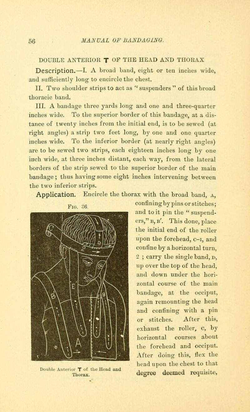 Fig. 36. DOUBLE ANTERIOR T OF THE HEAD AND THORAX Description.—I. A broad band, eight or ten inches wide, and sufficiently long to encircle the chest. II. Two shoulder strips to act as  suspenders  of this broad thoracic band. III. A bandage three yards long and one and three-quarter inches wide. To the superior border of this bandage, at a dis- tance of twenty inches from the initial end, is to be sewed (at right angles) a strip two feet long, by one and one quarter inches wide. To the inferior border (at nearly right angles) are to be sewed two strips, each eighteen inches long by one inch wide, at three inches distant, each way, from the lateral borders of the strip sewed to the superior border of the main bandage; thus having some eight inches intervening between the two inferior strips. Application. Encircle the thorax with the broad band, a, confining by pins or stitches; and to it pin the  suspend- ers, b, b\ This done, place the initial end of the roller upon the forehead, c-i, and confine by a horizontal turn, 2 ; carry the single band, d, up over the top of the head, and down under the hori- zontal course of the main bandage, at the occiput, again remounting the head and confining with a pin or stitches. After this, exhaust the roller, c, by horizontal courses about the forehead and occiput. After doing this, flex the head upon the chest to that Double Anterior T of the Head and , , -, • -. Tborax. degree deemed requisite,