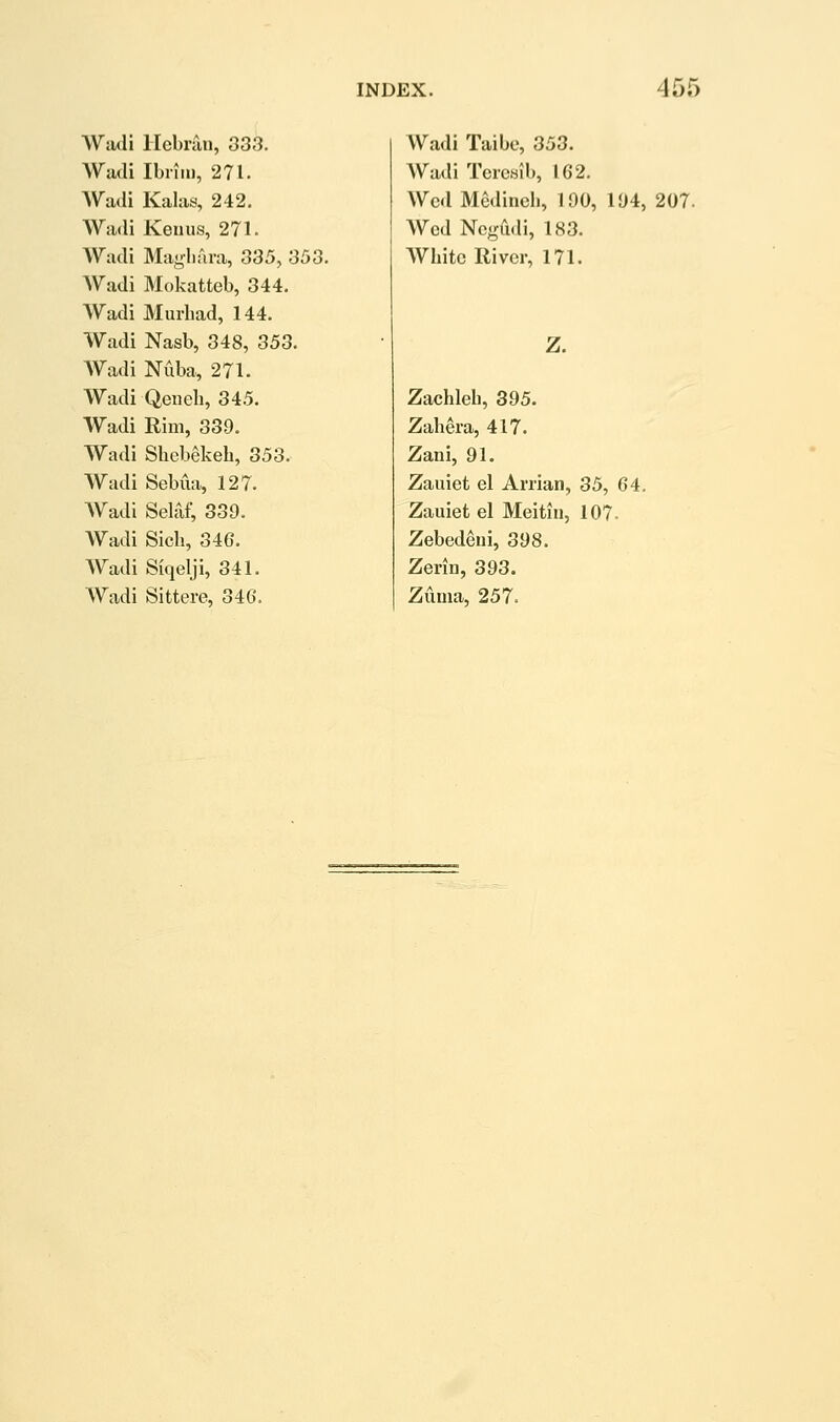 AVadi llcbraii, 333. Wudi Ibiim, 271. Wadi Kalas, 242. Wadi Keuus, 271. Wadi Mayhara, 335, 353. Wadi Mokatteb, 344. Wadi Murbad, 144. Wadi Nasb, 348, 353. AVadi Nuba, 271. Wadi Qeiieh, 345. Wadi Rim, 339. Wadi Shebekeb, 353. Wadi Sebua, 127. AVadi Selaf, 339. AA^adi Sicb, 346. AVadi Siqelji, 341. AVadi Sittere, 346. VV^-idi Taibc, 353. AVadi TercBib, 162. Wed Medineh, 190, 194, 207. AVcd Ncglldi, 183. AVhitc River, 171. Zachleb, 395. Zahera, 417. Zani, 91. Zauiet el Arrian, 35, 64. Zauiet el Meitiu, 107. Zebedeni, 398. Zerin, 393. Zuma, 257.