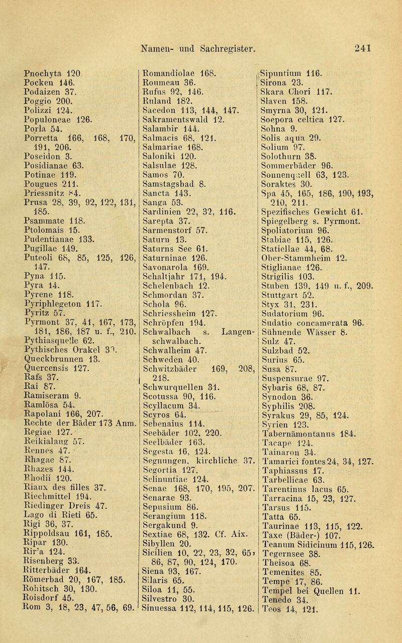 Pnochyta 120. Pocken 146. Podaizen 37. Poggio 200. Polizzi 124. Populoneae 126. Porla 64. Porretta 166, 168, 170, 191, 206. Poseidon 3. Posidianae 63. Potinae 119. Pougues 211. Priessnitz ^A. Prusa 28, 39, 92, 122, 131, 185. Psammate 118. Ptolomais 15. Pudentianae 133. Pugillae 149. Puteoli 68, 85, 125, 126, 147. Pyna 115. Pyra 14. Pyrene 118. Pyriphlegeton 117. Pyritz 57. Pyrmont 37, 41, 167, 173, 181, 186, 187 u. f., 210. PythiasqneÜe 62. Pythisches Orakel 31. Queckbrunnen 13. Qnercensis 127. Rafs 37. ßai 87. Ramiseram 9. Ramlösa 54. Rapolani 166, 207. Rechte der Bäder 173 Anra. Regiae 127. Reikialaug 57. Reimes 47. • Rhagae 87. Rhazes 144. Eliodii 120. Rianx des filles 37. Riechmittel 194. Riedinger Dreis 47. Lago di Rieti 65. Rigi 36, 37. Rippoldsau 161, 185. Ripar 130. Rir'a 124. Eisenberg 33. Ritterbäder 164. Römerbad 20, 167, 185. Rohitsch 30, 130. Roisdorf 45. Rom 3, 18, 23, 47, 56, 69. Romandiolae 168. Ronmeau 36. Rufas 92, 146. Ruland 182. Sacedon 113, 144, 147. Sakraments wald 12. Salambir 144. Salmacis 68, 121. Sahnariae 168. Saloniki 120. Salsulae 128. Samos 70. Samstagsbad 8. Sancta 143. Sanga 53. Sardinien 22, 32, 116. Sarepta 37. Sarmenstorf 57. Saturn 13. Satnrns See 61. Saturninae 126. Savonarola 169. Schaltjahr 171, 194. Schelenbacli 12. Schmordan 37. Schola 96. Schriessheim 127. Schröpfen 194. Schvvalbach s. Langen- schwalbach. Schwalheim 47. Schweden 40. Schwitzbäder 169, 208, 218. Schwurquellen 31. Scotussa 90, 116. Scyllacum 34. Scyros 64. Sebenaius 114. Seebäder 102, 220. Seelbäder 163. Segesta 16, 124. Segnungen, kirchliche 37. Segortia 127. Seiinuntiae 124. Senae 168, 170, 195, 207. Senarae 93. Sepusium 86. Serangium 118. Sergakund 9. Sextiae 68, 132. Cf. Aix. Sibyllen 20. Sicilien 10, 22, 23, 32, 65 > 86, 87, 90, 124, 170. Siena 93, 167. Silaris 65. Siloa 11, 55. Silvestro 30. Sinuessa 112, 114,115, 126. Sipunfium 116. Sirona 23. Skara Chori 117. Slaven 158. Smyrna 30, 121. Soepora celtica 127. Sohna 9. Solls aqua 29. Sulium 97. Solothurn 38. Sommerbäder 96. Sonnenqiiell 63, 123. Soraktes 30. Spa 45, 165, 186, 190, 193, 210, 211. Spezifisches Gewicht 61. Spiegelberg s. Pyrmont. Spoliatorium 96. Stabiae 115, 126. Statiellae 44, 68. Ober-Stammheim 12. Stiglianae 126. Strigilis 103. Stuben 139, 149 u. f., 209. Stuttgart 52. Styx 31, 231. Sudatorium 96. Sudatio concamerata 96. Sühnende Wässer 8. Sulz 47. Sulzbad 52. Surius 65. Susa 87. Suspensurae 97. Sybaris 68, 87. Synodon 36. Syphilis 208. Syrakus 29, 85, 124. Syrien 123. Tabernämontanus 184. Tacape 124. Tainaiou 34. Tamarici fontes24, 34, 127. Taphiassus 17. Tarbellicae 63. Tarentinus lacus 65. Tarracina 15, 23, 127. Tarsus 115. Tatta 65. Taurinae 113, 115, 122. Taxe (Bäder-) 107. Teanum Sidicinum 115,126. Tegernsee 38. Theisoa 68. Temenites 85. Tempe 17, 86. Tempel bei Quellen 11. Tenedo 34. Teos 14, 121.