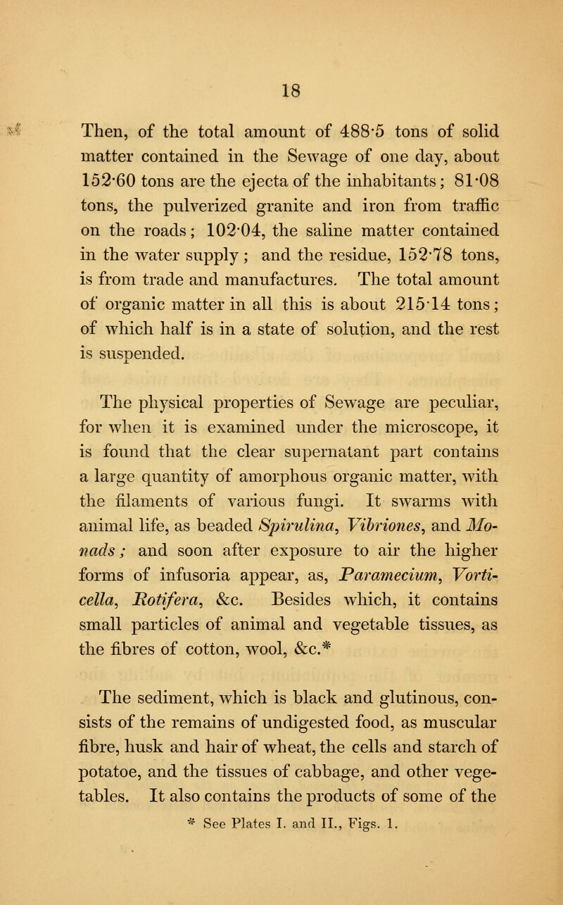 Then, of the total amount of 488*5 tons of solid matter contained in the Sewage of one day, about 152*60 tons are the ejecta of the inhabitants; 81*08 tons, the pulverized granite and iron from traffic on the roads; 102*04, the saline matter contained in the water supply ; and the residue, 152*78 tons, is from trade and manufactures. The total amount of organic matter in all this is about 215 14 tons; of which half is in a state of solution, and the rest is suspended. The physical properties of Sewage are peculiar, for when it is examined under the microscope, it is found that the clear supernatant part contains a large quantity of amorphous organic matter, with the filaments of various fungi. It swarms with animal life, as beaded Spirulina, Vihriones, and Mo- nads ; and soon after exposure to air the higher forms of infusoria appear, as, Paramecium, Vorti- cella, Rotifera, Sec. Besides which, it contains small particles of animal and vegetable tissues, as the fibres of cotton, wool, &c.# The sediment, which is black and glutinous, con- sists of the remains of undigested food, as muscular fibre, husk and hair of wheat, the cells and starch of potatoe, and the tissues of cabbage, and other vege- tables. It also contains the products of some of the * See Plates I. and II., Figs. 1.