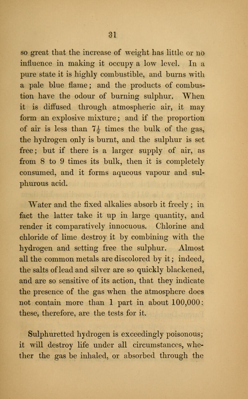 so great that the increase of weight has little or no influence in making it occupy a low level. In a pure state it is highly combustible, and burns with a pale blue flame; and the products of combus- tion have the odour of burning sulphur. When it is diffused through atmospheric air, it may form an explosive mixture; and if the proportion of air is less than 7§- times the bulk of the gas, the hydrogen only is burnt, and the sulphur is set free; but if there is a larger supply of air, as from 8 to 9 times its bulk, then it is completely consumed, and it forms aqueous vapour and sul- phurous acid. Water and the fixed alkalies absorb it freely; in fact the latter take it up in large quantity, and render it comparatively innocuous. Chlorine and chloride of lime destroy it by combining with the hydrogen and setting free the sulphur. Almost all the common metals are discolored by it; indeed, the salts of lead and silver are so quickly blackened, and are so sensitive of its action, that they indicate the presence of the gas when the atmosphere does not contain more than 1 part in about 100,000: these, therefore, are the tests for it. Sulphuretted hydrogen is exceedingly poisonous; it will destroy life under all circumstances, whe- ther the gas be inhaled, or absorbed through the