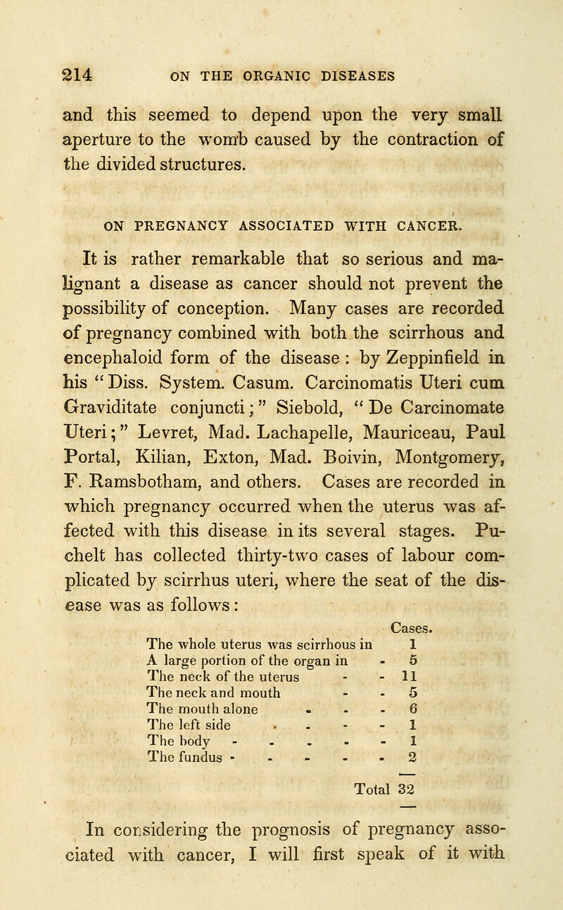 and this seemed to depend upon the very small aperture to the womb caused by the contraction of the divided structures. ON PREGNANCY ASSOCIATED WITH CANCER. It is rather remarkable that so serious and ma- lignant a disease as cancer should not prevent the possibility of conception. Many cases are recorded of pregnancy combined with both the scirrhous and encephaloid form of the disease : by Zeppinfield in his  Diss. System. Casum. Carcinomatis Uteri cum Graviditate conjuncti;  Siebold,  De Carcinomate Uteri; Levret, Mad. Lachapelle, Mauriceau, Paul Portal, Kilian, Exton, Mad. Boivin, Montgomery, F. Ramsbotham, and others. Cases are recorded in which pregnancy occurred when the uterus was af- fected with this disease in its several stages. Pu- chelt has collected thirty-two cases of labour com- plicated by scirrhus uteri, where the seat of the dis- ease was as follows: Cases. The whole uterus was scirrhous in 1 A large portion of the organ in - 5 The neck of the uterus - - 11 The neck and mouth - 5 The mouth alone ... 6 The left side . - - - 1 The body ----- 1 The fundus ----- 2 Total 32 In considering the prognosis of pregnancy asso- ciated with cancer, I will first speak of it with