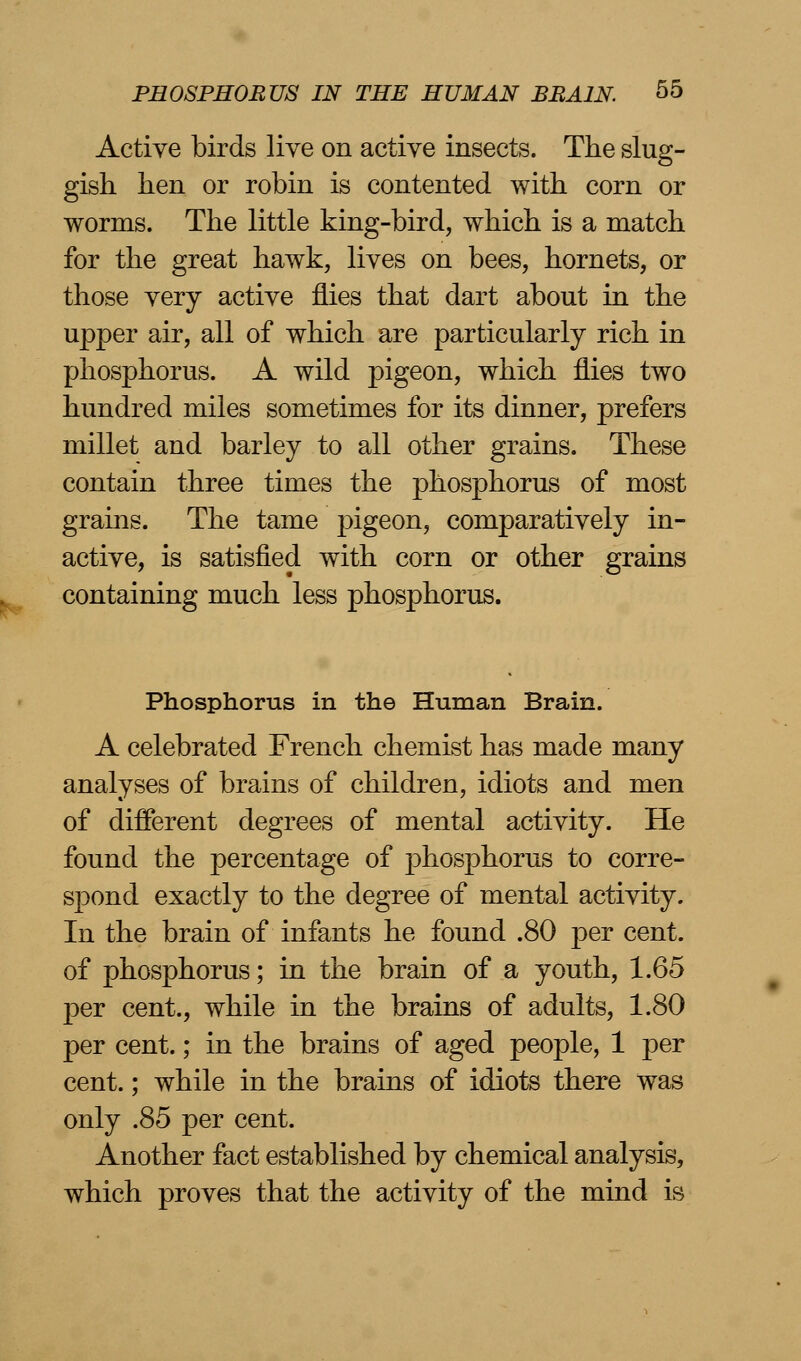 Active birds live on active insects. The slug- gish hen or robin is contented with corn or worms. The little king-bird, which is a match for the great hawk, lives on bees, hornets, or those very active flies that dart about in the upper air, all of which are particularly rich in phosphorus. A wild pigeon, which flies two hundred miles sometimes for its dinner, prefers millet and barley to all other grains. These contain three times the phosphorus of most grains. The tame j)igeon, comparatively in- active, is satisfied with corn or other grains containing much less phosphorus. Phosphorus in the Human Brain. A celebrated French chemist has made many analyses of brains of children, idiots and men of different degrees of mental activity. He found the percentage of phosphorus to corre- spond exactly to the degree of mental activity. In the brain of infants he found .80 per cent, of phosphorus; in the brain of a youth, 1.65 per cent., while in the brains of adults, 1.80 per cent.; in the brains of aged people, 1 per cent.; while in the brains of idiots there was only .85 per cent. Another fact established by chemical analysis, which proves that the activity of the mind is