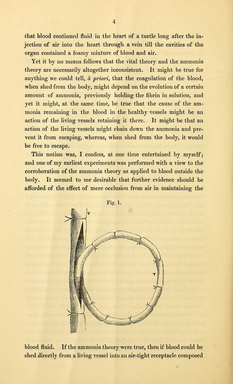 jection of air into the heart through a vein till the cavities of the organ contained a foamy mixture of blood and air. Yet it by no means follows that the vital theory and the ammonia theory are necessarily altogether inconsistent. It might be true for anything we could tell, a priori, that the coagulation of the blood, when shed from the body, might depend on the evolution of a certain amount of ammonia, previously holding the fibrin in solution, and yet it might, at the same time, be true that the cause of the am- monia remaining in the blood in the healthy vessels might be an action of the living vessels retaining it there. It might be that an action of the living vessels might chain down the ammonia and pre- vent it from escaping, whereas, when shed from the body, it would be free to escape. This notion was, I confess, at one time entertained by myself; and one of my earliest experiments was performed with a view to the corroboration of the ammonia theory as applied to blood outside the body. It seemed to me desirable that further evidence should be afforded of the effect of mere occlusion from air in maintaining the Fig. 1. blood fluid. If the ammonia theory were true, then if blood could be shed directly from a living vessel into an air-tight receptacle composed