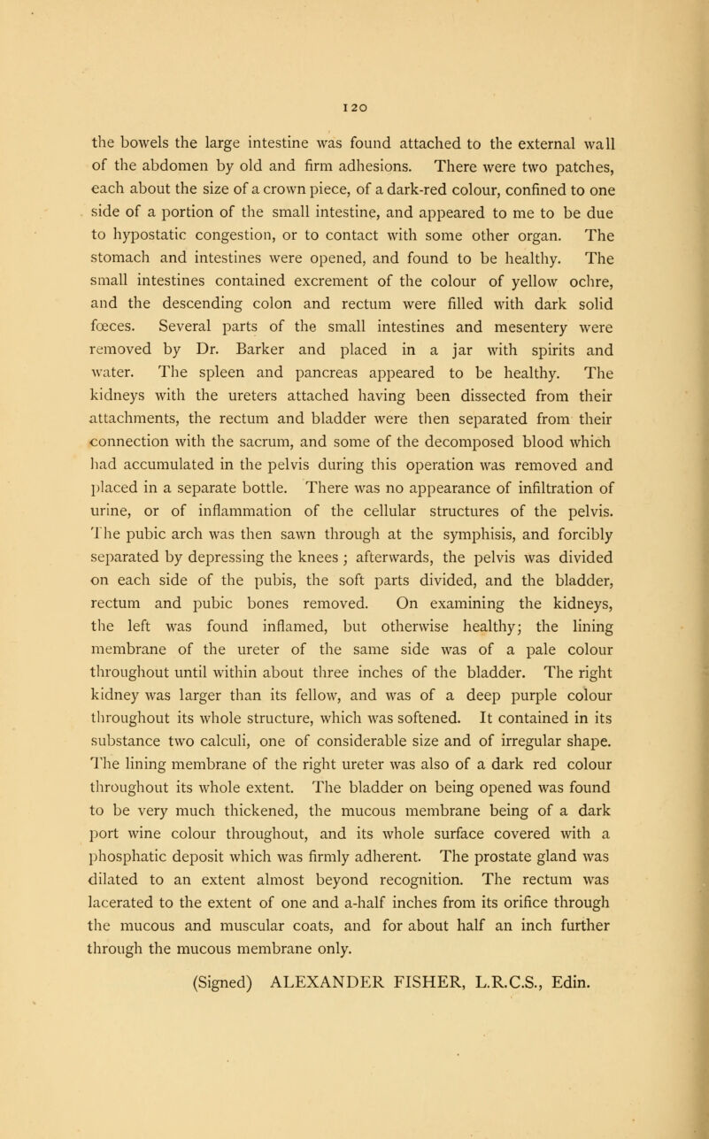 the bowels the large intestine was found attached to the external wall of the abdomen by old and firm adhesions. There were two patches, each about the size of a crown piece, of a dark-red colour, confined to one side of a portion of the small intestine, and appeared to me to be due to hypostatic congestion, or to contact with some other organ. The stomach and intestines were opened, and found to be healthy. The small intestines contained excrement of the colour of yellow ochre, and the descending colon and rectum were filled with dark solid foeces. Several parts of the small intestines and mesentery were removed by Dr. Barker and placed in a jar with spirits and water. The spleen and pancreas appeared to be healthy. The kidneys with the ureters attached having been dissected from their attachments, the rectum and bladder were then separated from their connection with the sacrum, and some of the decomposed blood which had accumulated in the pelvis during this operation was removed and placed in a separate bottle. There was no appearance of infiltration of urine, or of inflammation of the cellular structures of the pelvis. The pubic arch was then sawn through at the symphisis, and forcibly separated by depressing the knees ; afterwards, the pelvis was divided on each side of the pubis, the soft parts divided, and the bladder, rectum and pubic bones removed. On examining the kidneys, the left was found inflamed, but otherwise healthy; the lining membrane of the ureter of the same side was of a pale colour throughout until within about three inches of the bladder. The right kidney was larger than its fellow, and was of a deep purple colour throughout its whole structure, which was softened. It contained in its substance two calculi, one of considerable size and of irregular shape. The lining membrane of the right ureter was also of a dark red colour throughout its whole extent. The bladder on being opened was found to be very much thickened, the mucous membrane being of a dark port wine colour throughout, and its whole surface covered with a phosphatic deposit which was firmly adherent. The prostate gland was dilated to an extent almost beyond recognition. The rectum was lacerated to the extent of one and a-half inches from its orifice through the mucous and muscular coats, and for about half an inch further through the mucous membrane only. (Signed) ALEXANDER FISHER, L.R.C.S., Edin.