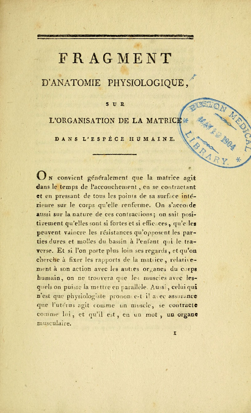 D'ANATOMIE PHYSIOLOGIQUE, SUR L'ORGANISATION DE LA MATRIC DANS L'ESPÈCE HUMAINE. v^l N convient généralement que la matrice agit dans le temps de l'accouchement , en se contractant et en pressant de tous les points de sa surface inté- rieure sur le corps qu'elle renferme. On s'accoide aussi sur la nature de ces contractions; on sait posi- tivement qu'elles sont si fortes et si efficaces, qu'elles peuvent vaincre les résistances qu'opposent les par- ties dures et molles du bassin à l'enfant qui le tra- verse. Et si l'on porte plus loin ses regards, et qu'où cherche à fixer les rapports de la matiice, relative- ment à son action avec les autses organes du corps humain, on ne trouvera que le- muscles avec les- quels on puisse la mettre en parallèle. Aussi, celui qui n'est que physiologiste pronom e-t il a<.ec assurance que L'utérus agit comme un muscle, se contracte comme lui, et qu'il est, en un mot , un organe musculaire.