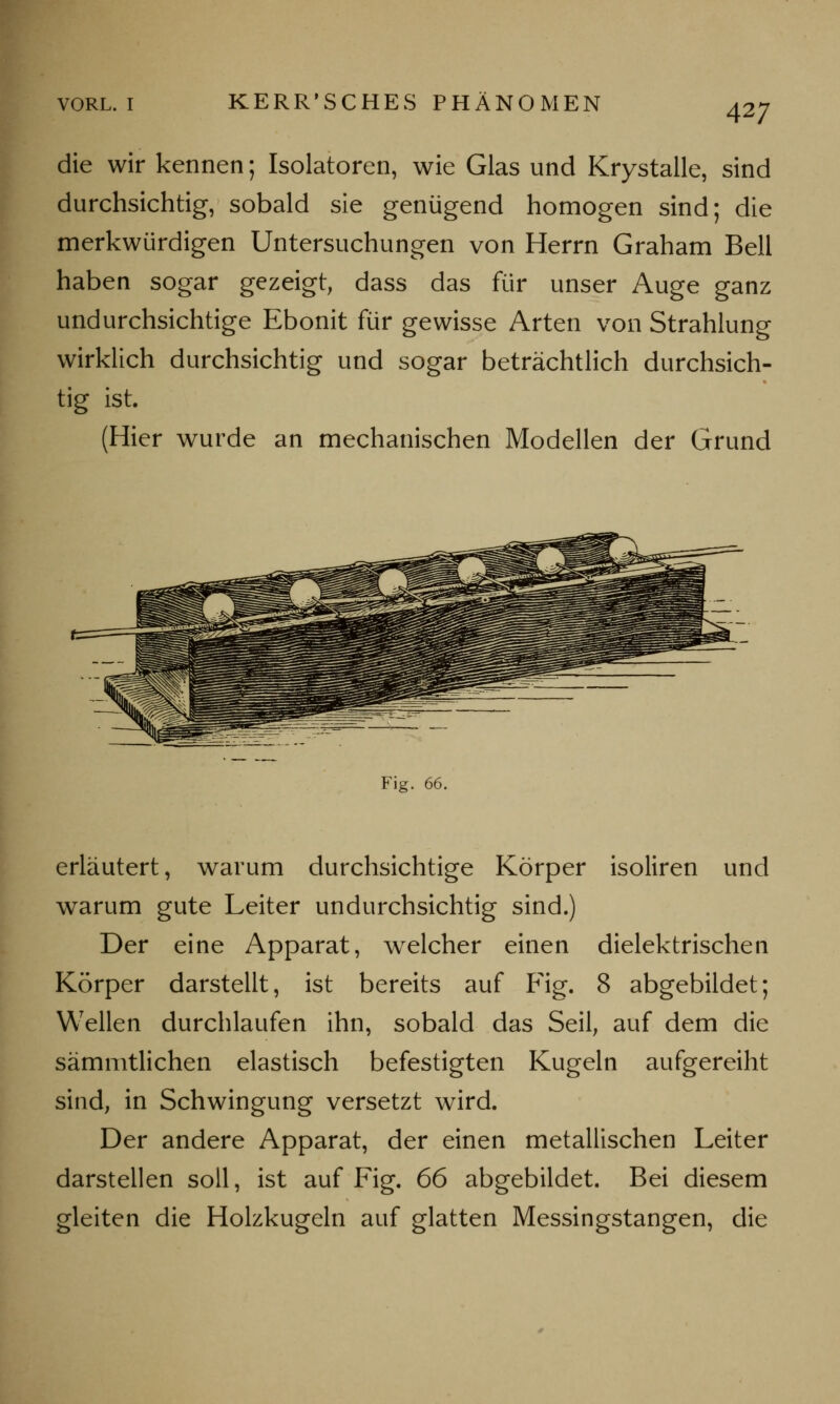 die wir kennen; Isolatoren, wie Glas und Krystalle, sind durchsichtig, sobald sie genügend homogen sind; die merkwürdigen Untersuchungen von Herrn Graham Bell haben sogar gezeigt, dass das für unser Auge ganz undurchsichtige Ebonit für gewisse Arten von Strahlung wirklich durchsichtig und sogar beträchtlich durchsich- tig ist. (Hier wurde an mechanischen Modellen der Grund Fig. 66. erläutert, warum durchsichtige Körper isoliren und warum gute Leiter undurchsichtig sind.) Der eine Apparat, welcher einen dielektrischen Körper darstellt, ist bereits auf Fig. 8 abgebildet; Wellen durchlaufen ihn, sobald das Seil, auf dem die sämmtlichen elastisch befestigten Kugeln aufgereiht sind, in Schwingung versetzt wird. Der andere Apparat, der einen metallischen Leiter darstellen soll, ist auf Fig. 66 abgebildet. Bei diesem gleiten die Holzkugeln auf glatten Messingstangen, die