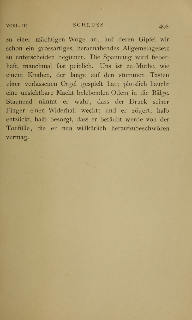 vorl. in SCHLUSS 4^5 zu einer mächtigen Woge an, auf deren Gipfel wir schon ein grossartiges, herannahendes Allgemeingesetz zu unterscheiden beginnen. Die Spannung wird fieber- haft, manchmal fast peinlich. Uns ist zu Muthe, wie einem Knaben, der lange auf den stummen Tasten einer verlassenen Orgel gespielt hat; plötzlich haucht eine unsichtbare Macht belebenden Odem in die Bälge. Staunend nimmt er wahr, dass der Druck seiner Finger einen Widerhall weckt; und er zögert, halb entzückt, halb besorgt, dass er betäubt werde von der Tonfülle, die er nun willkürlich heraufzubeschwören vermag.