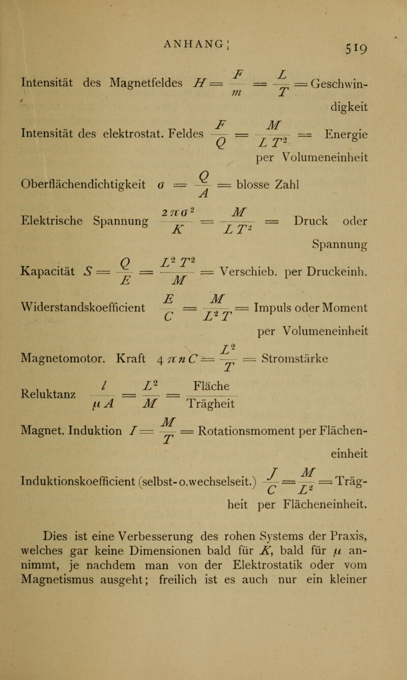 ANHANG; 5!q F L Intensität des Magnetfeldes H = = -— = Geschwin- m T digkeit Energie per Volumeneinheit F M Intensität des elektrostat. Feldes -— = = Energie Q LT'2 ö Oberflächendichtigkeit o — —- = blosse Zahl A Elektrische Spannung = = Druck oder K Z T* Spannung Q Z2 T'2 Kapacität S = — == ——- = Verschieb, per Druckeinh. Widerstandskoefficient — = -_^~ = Impuls oder Moment o j-t j. per Volumeneinheit Z2 Magnetomotor. Kraft ^nnC— — = Stromstärke _ . . J l Z2 Fläche Reluktanz = — = /tt A M Trägheit M Magnet. Induktion 1= -—■ = Rotationsmoment per Flächen- einheit / M Induktionskoefficient (selbst- o.wechselseit.) -^— — -— = Trag- heit per Flächeneinheit. Dies ist eine Verbesserung des rohen Systems der Praxis, welches gar keine Dimensionen bald für X, bald für /li an- nimmt, je nachdem man von der Elektrostatik oder vom Magnetismus ausgeht; freilich ist es auch nur ein kleiner